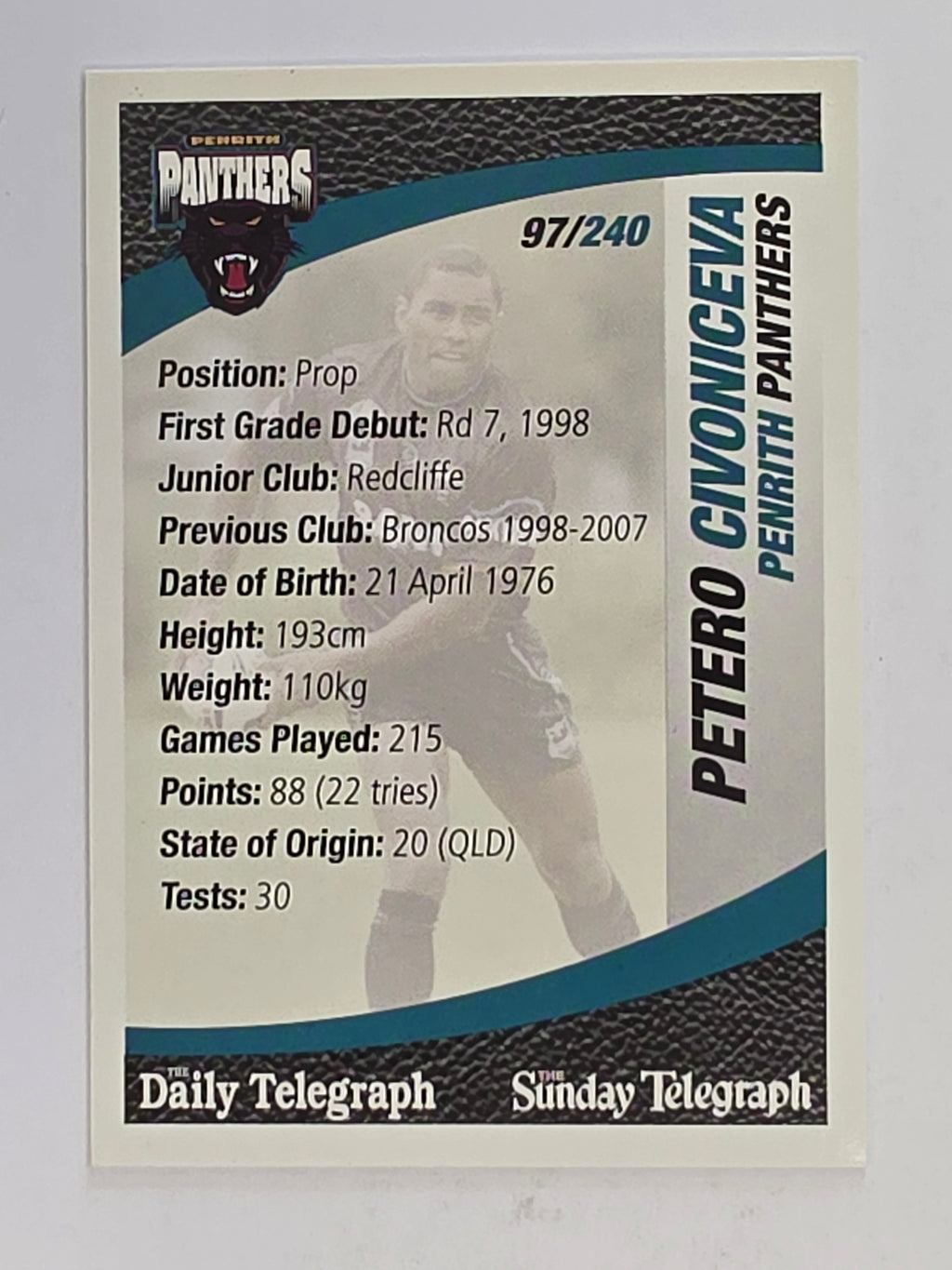 NRL 2008 Daily Telegraph | #097 | Petero Civoniceva | Penrith Panthers