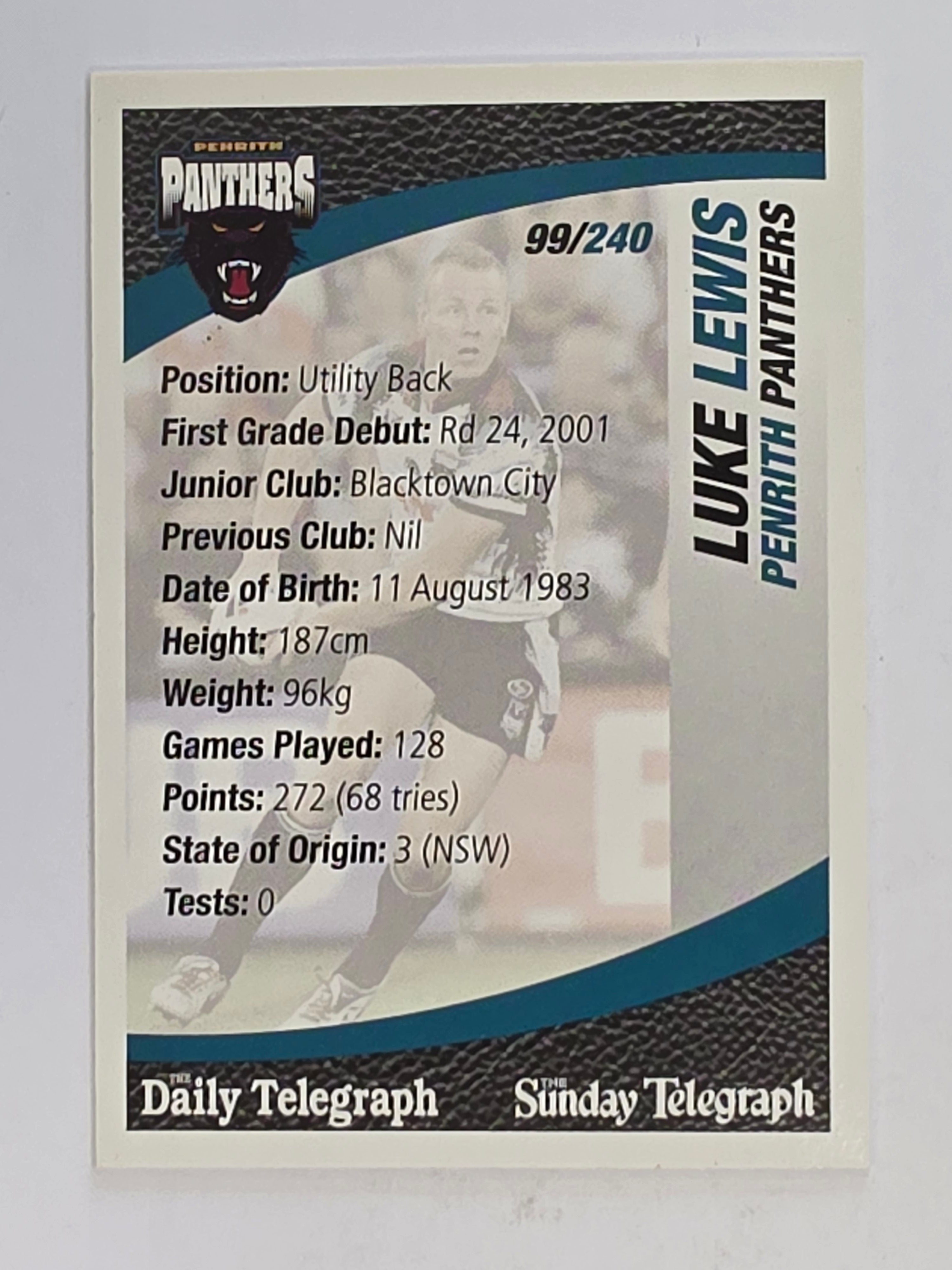 NRL 2008 Daily Telegraph | #099 | Luke Lewis | Penrith Panthers