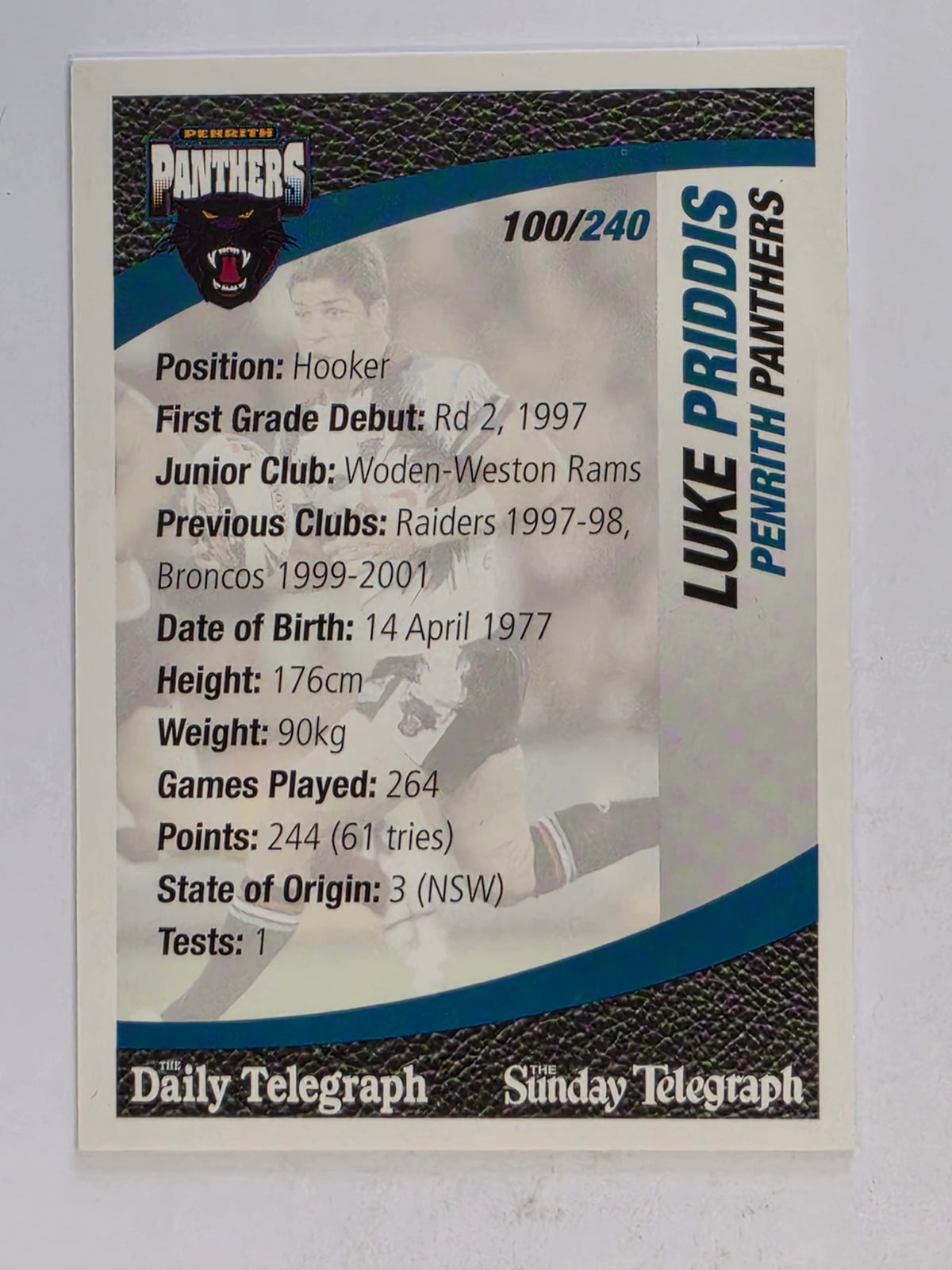 NRL 2008 Daily Telegraph | #100 | Luke Priddis | Penrith Panthers