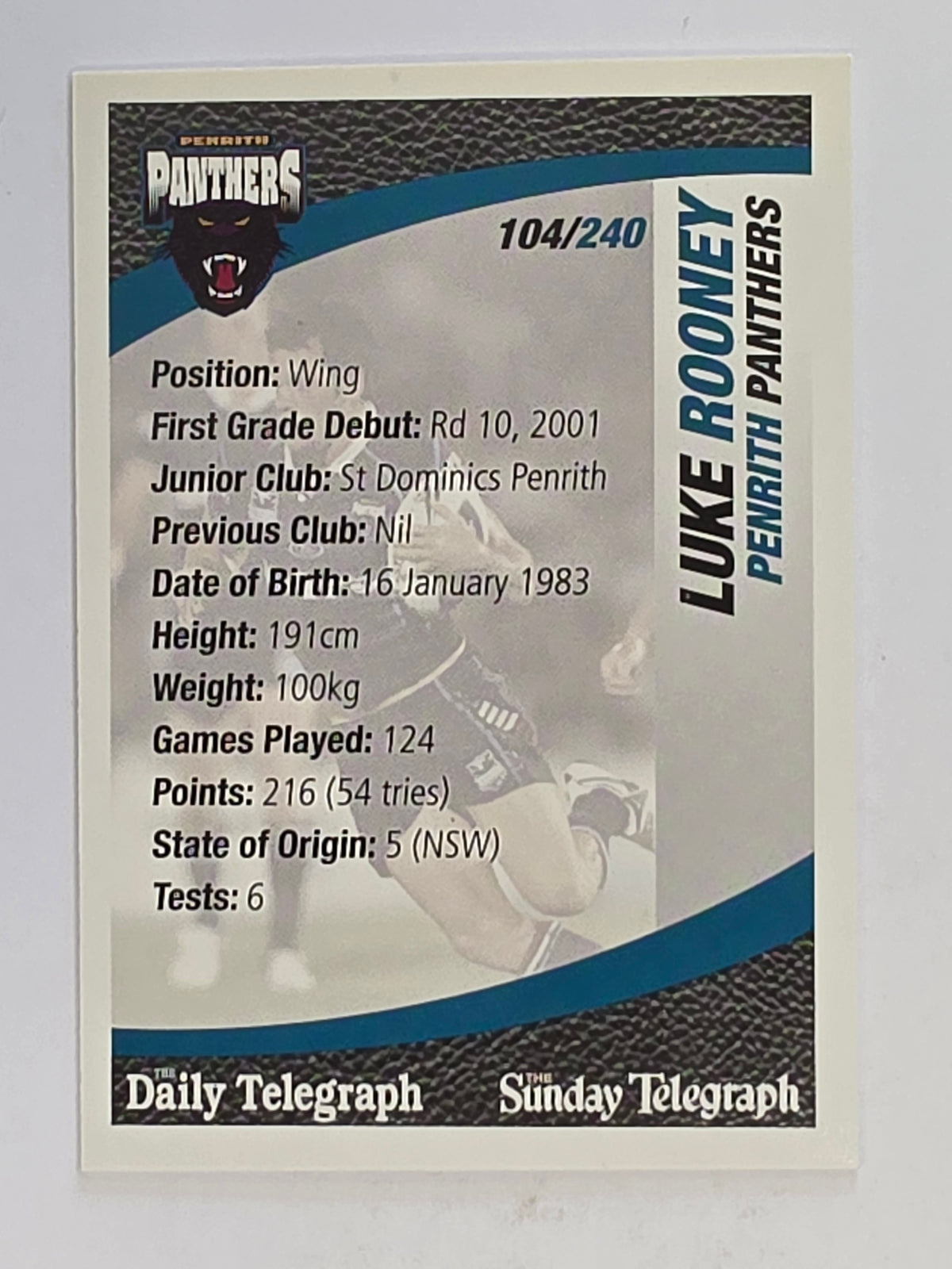 NRL 2008 Daily Telegraph | #104 | Luke Rooney | Penrith Panthers