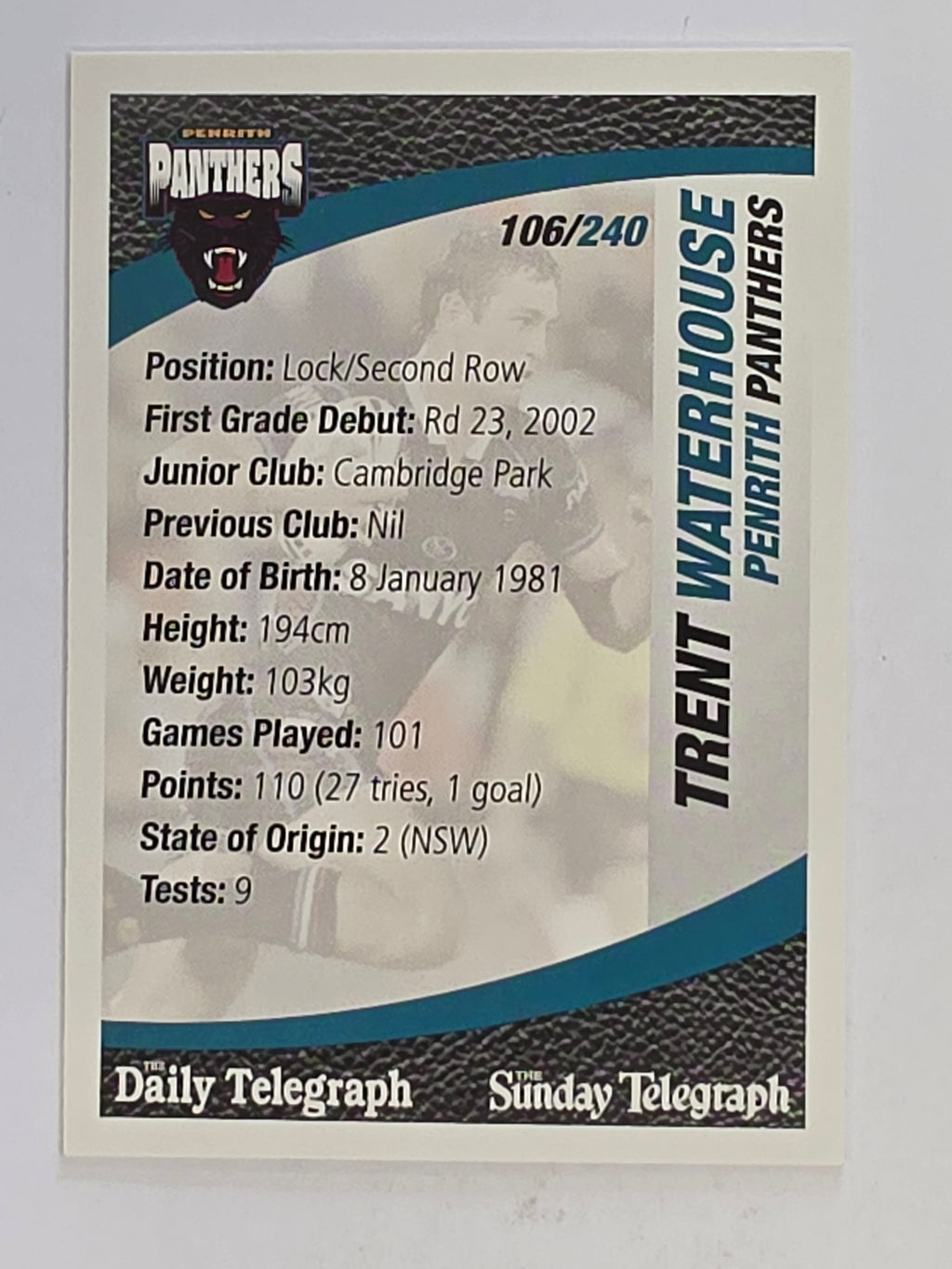 NRL 2008 Daily Telegraph | #106 | Trent Waterhouse | Penrith Panthers