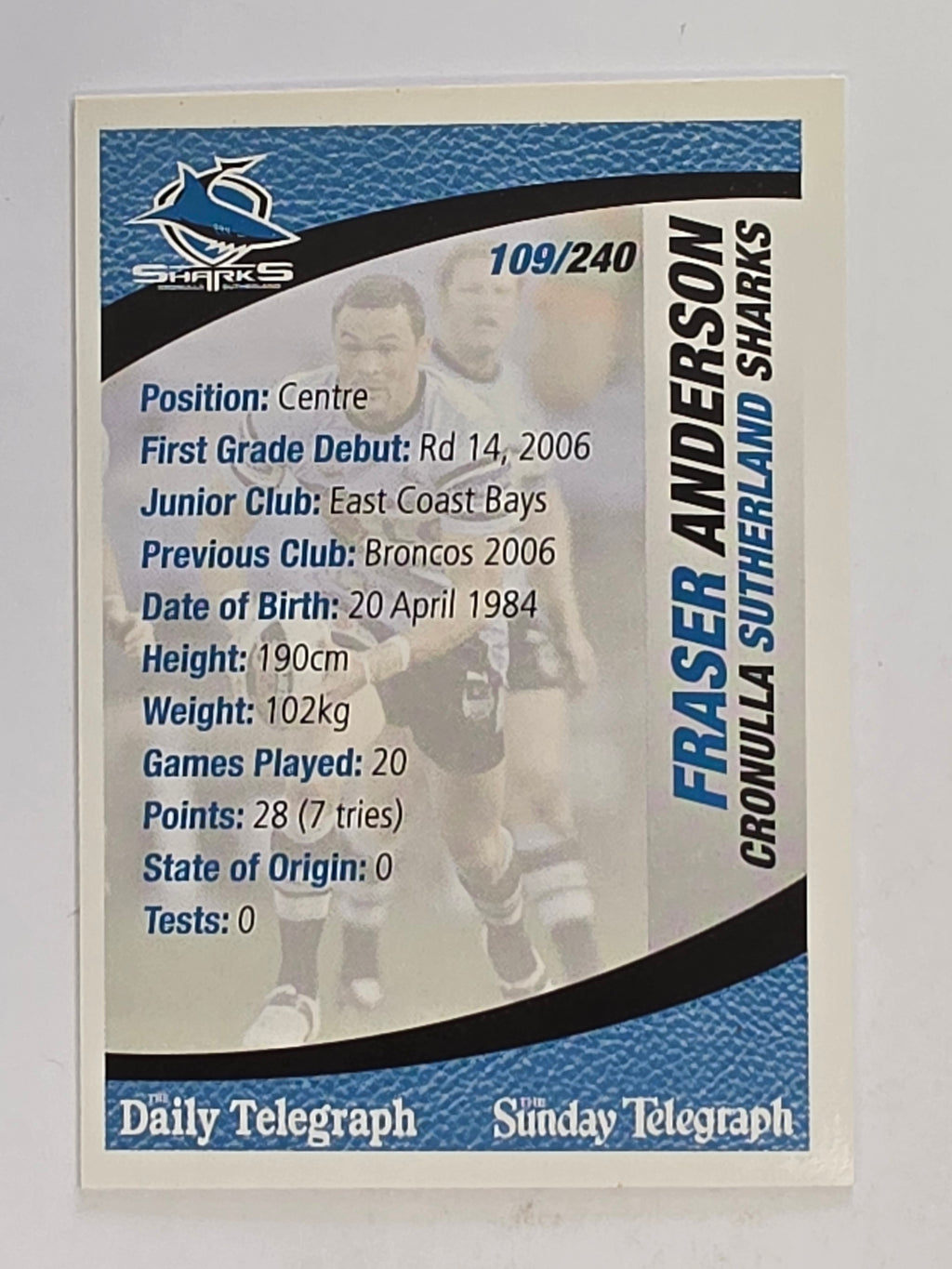 NRL 2008 Daily Telegraph | #109 | Fraser Anderson | Cronulla Sutherland Sharks