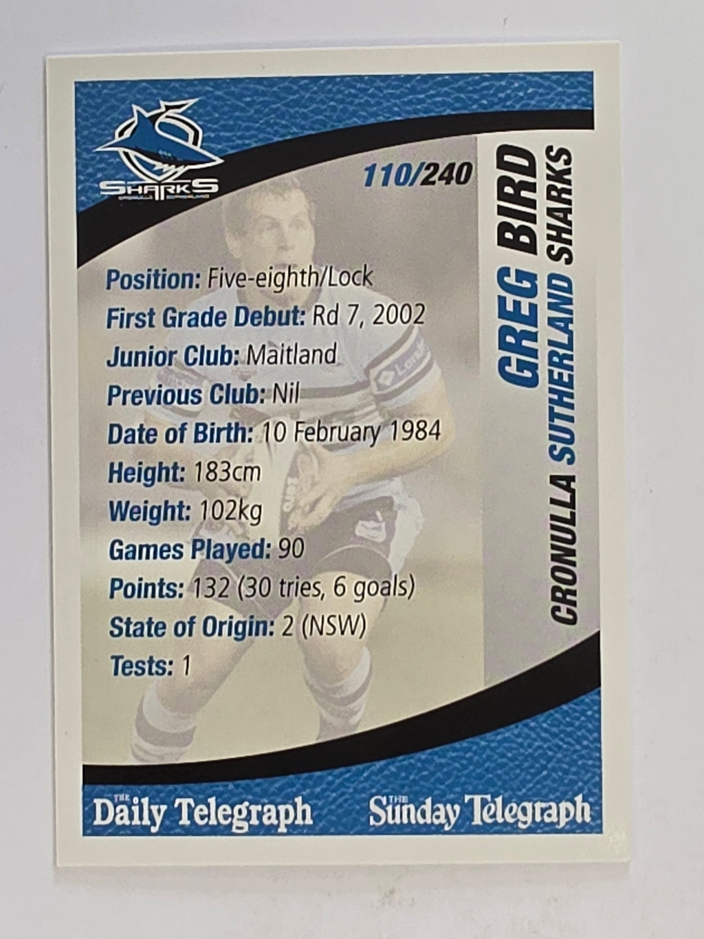 NRL 2008 Daily Telegraph | #110 | Greg Bird | Cronulla Sutherland Sharks