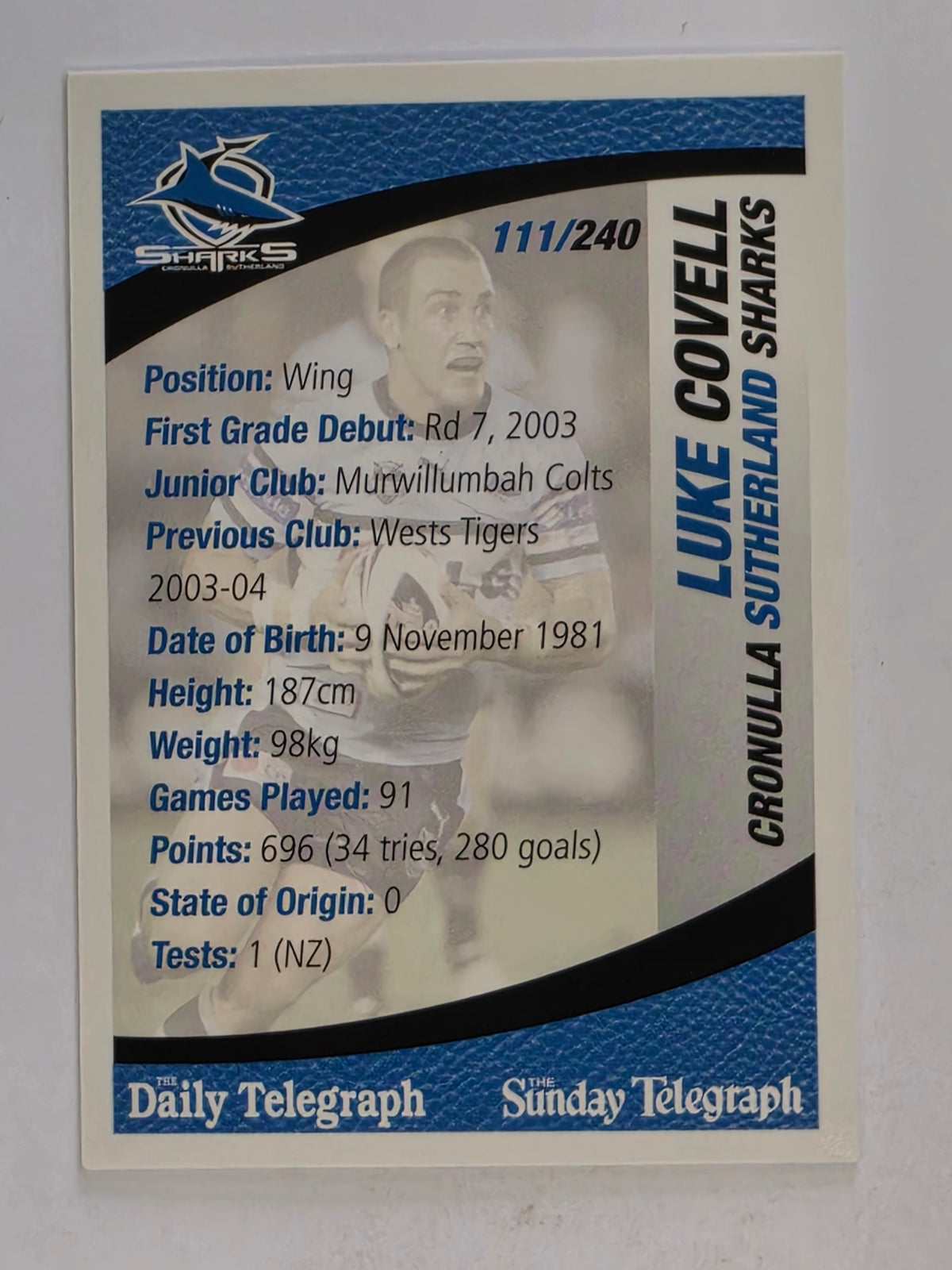 NRL 2008 Daily Telegraph | #111 | Luke Covell | Cronulla Sutherland Sharks