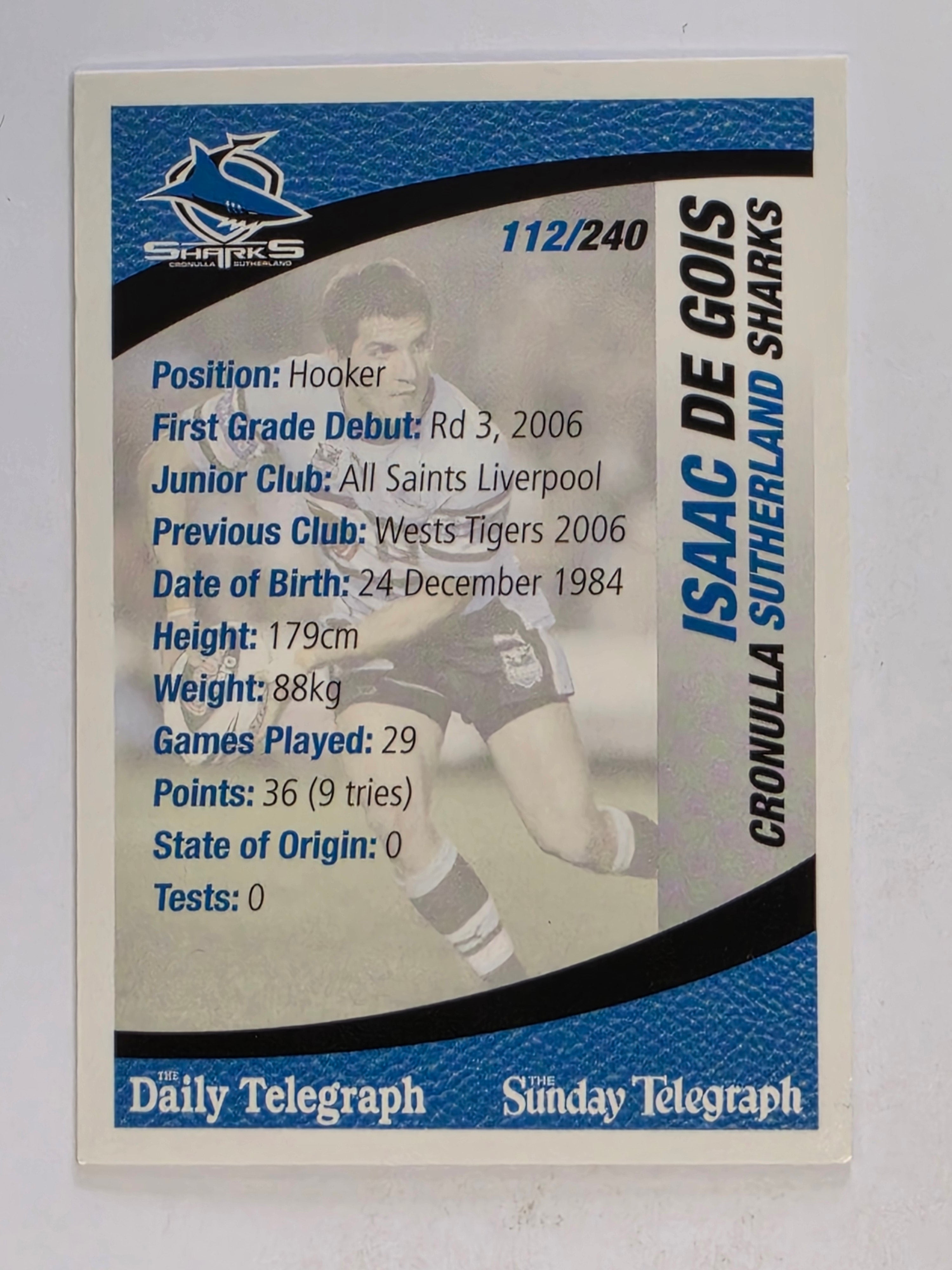 NRL 2008 Daily Telegraph | #112 | Isaac De Gois | Cronulla Sutherland Sharks