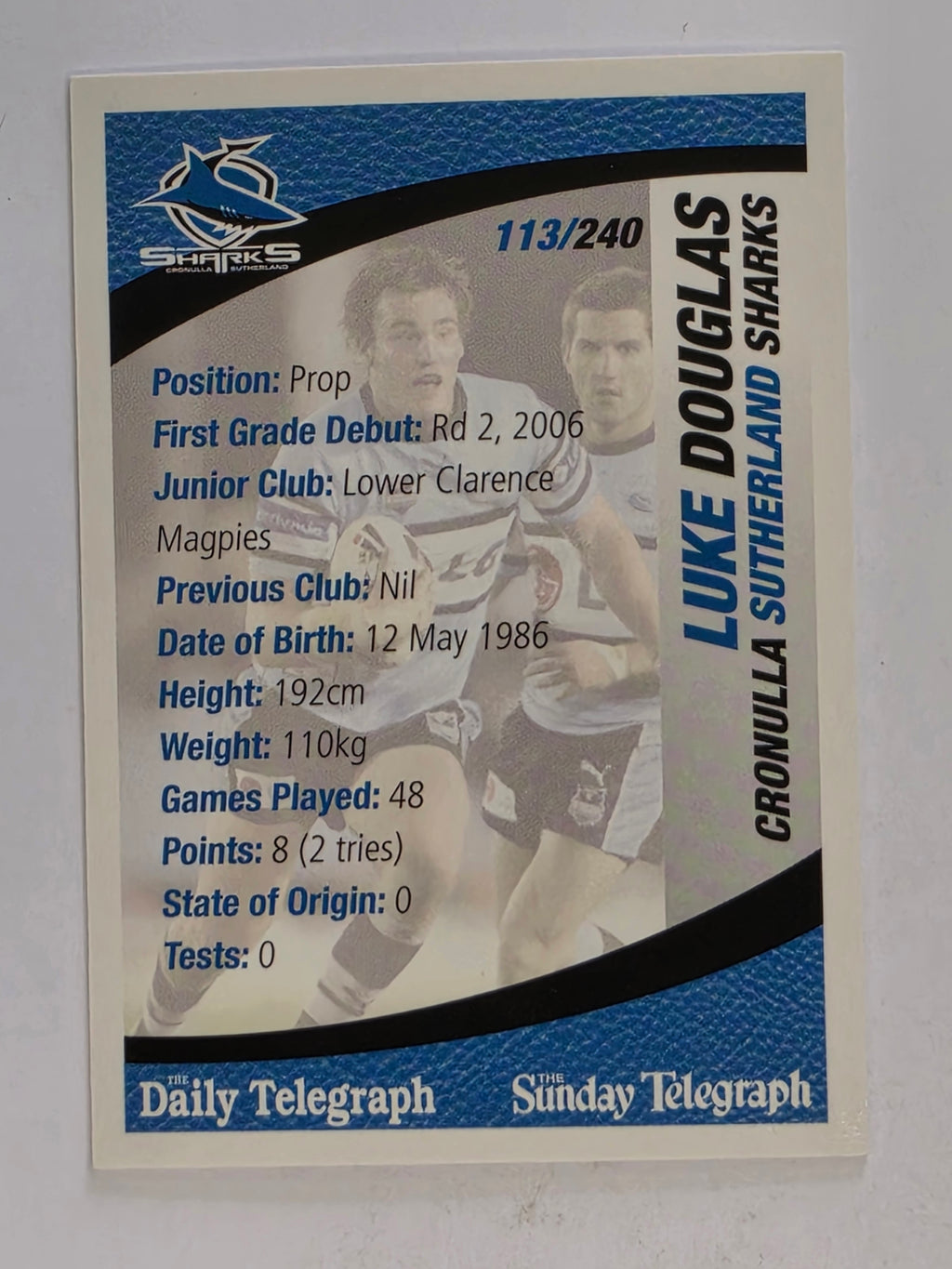 NRL 2008 Daily Telegraph | #113 | Luke Douglas | Cronulla Sutherland Sharks