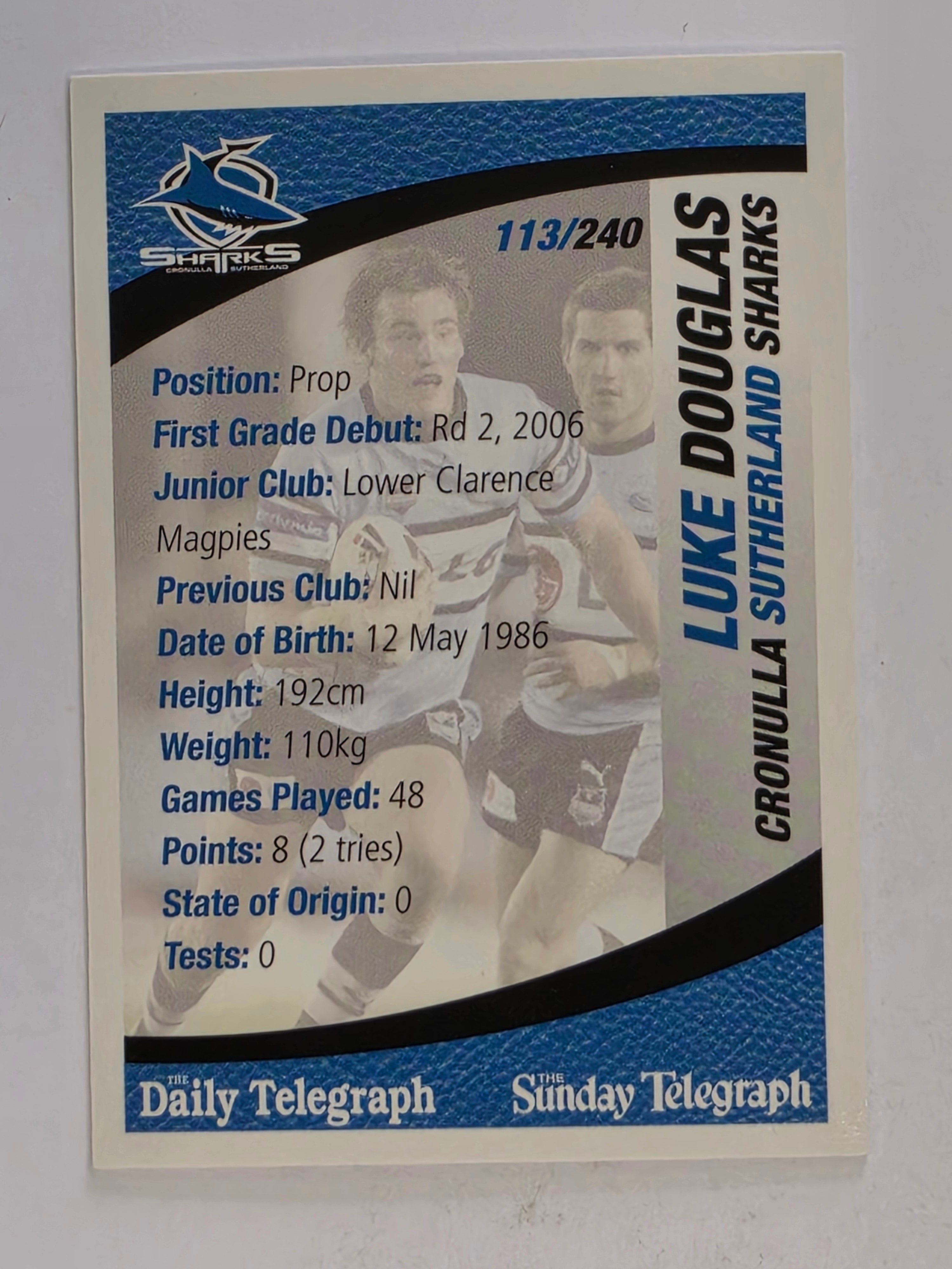NRL 2008 Daily Telegraph | #113 | Luke Douglas | Cronulla Sutherland Sharks