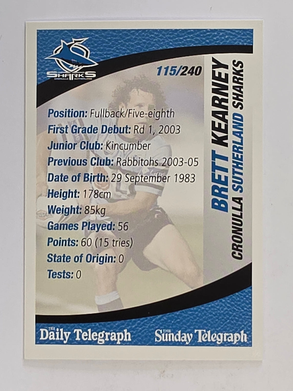 NRL 2008 Daily Telegraph | #115 | Brett Kearney | Cronulla Sutherland Sharks