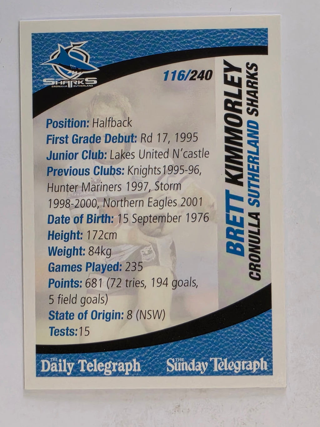 NRL 2008 Daily Telegraph | #116 | Brett Kimmorley | Cronulla Sutherland Sharks