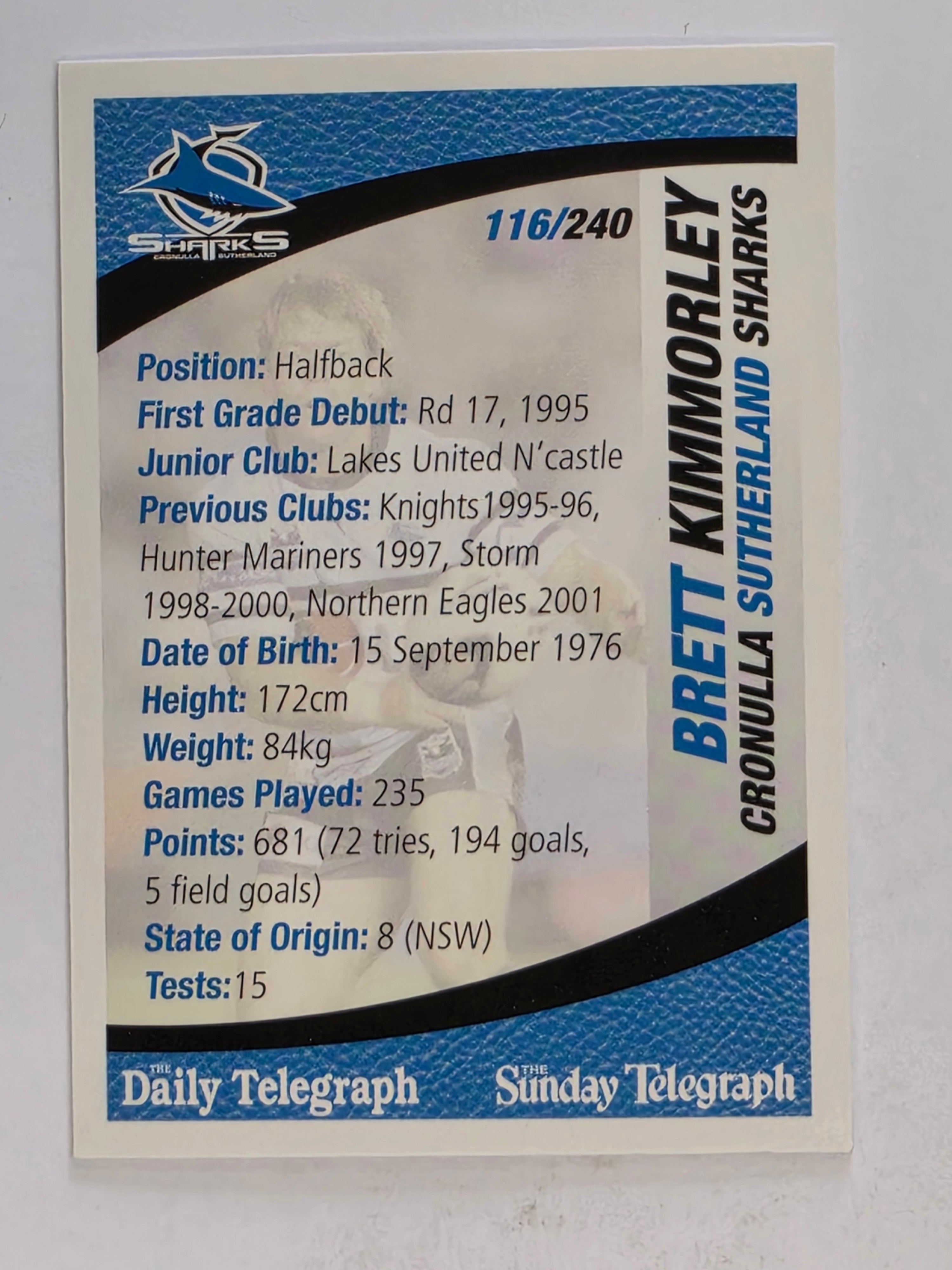 NRL 2008 Daily Telegraph | #116 | Brett Kimmorley | Cronulla Sutherland Sharks