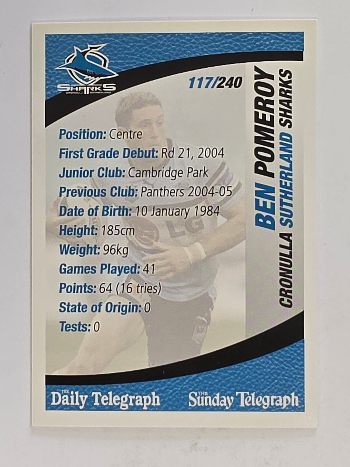 NRL 2008 Daily Telegraph | #117 | Ben Pomeroy | Cronulla Sutherland Sharks