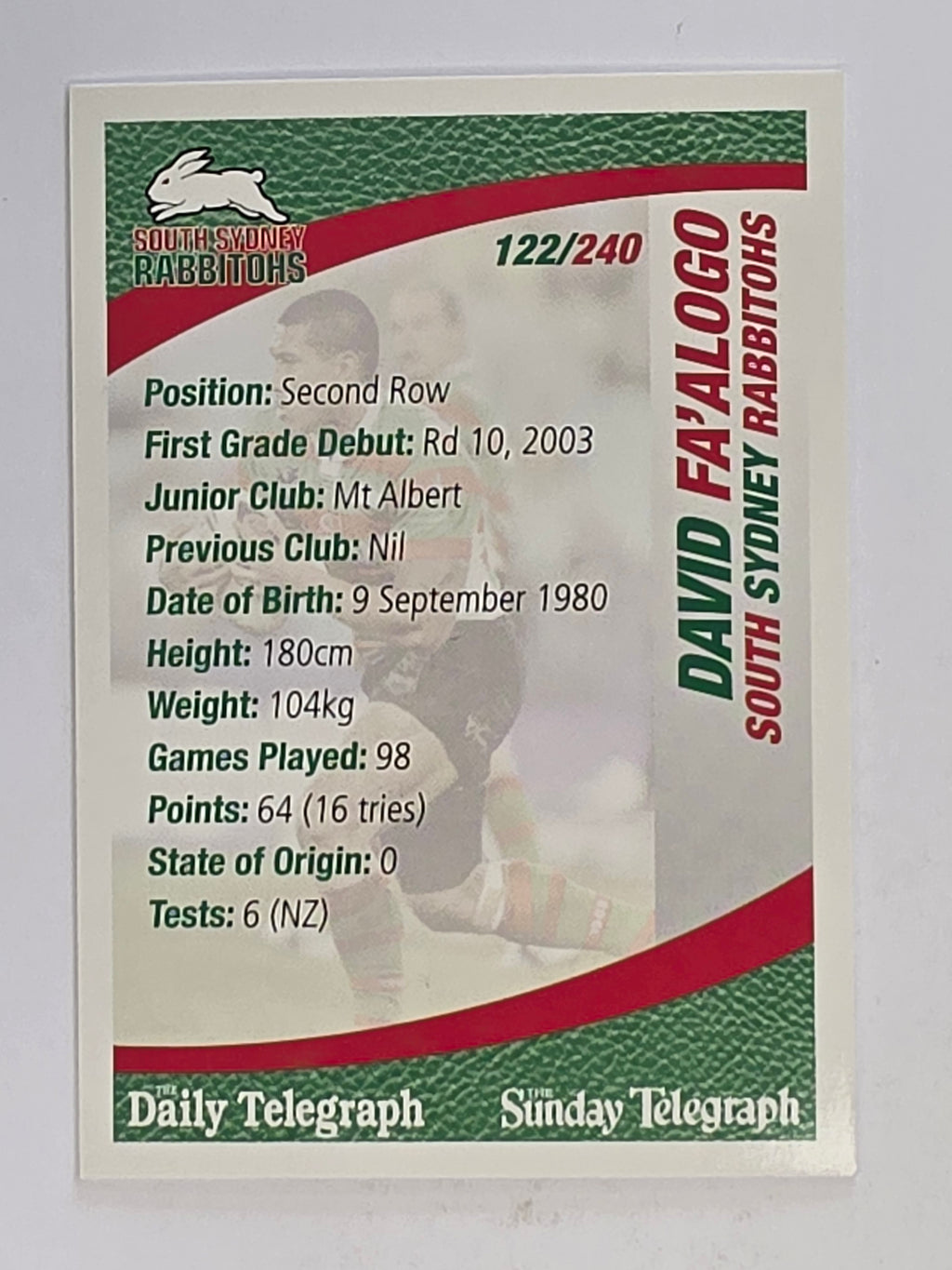 NRL 2008 Daily Telegraph | #122 | David Fa'alogo | South Sydney Rabbitohs