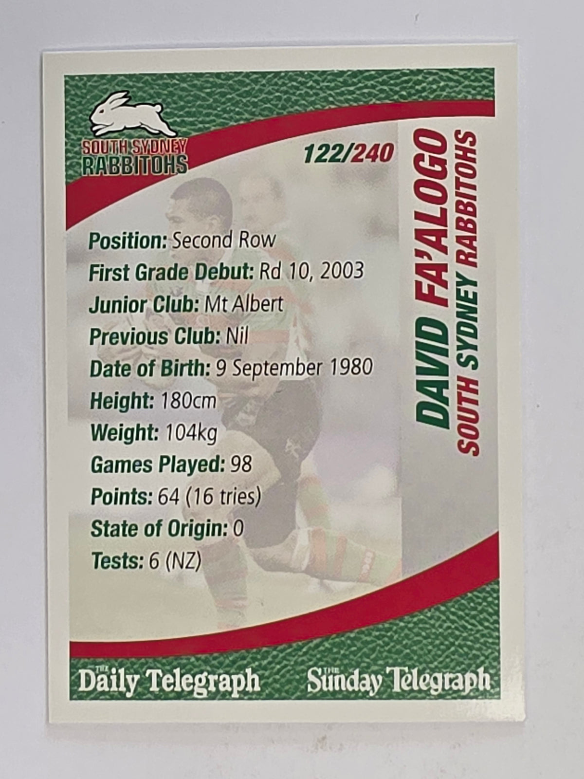 NRL 2008 Daily Telegraph | #122 | David Fa'alogo | South Sydney Rabbitohs
