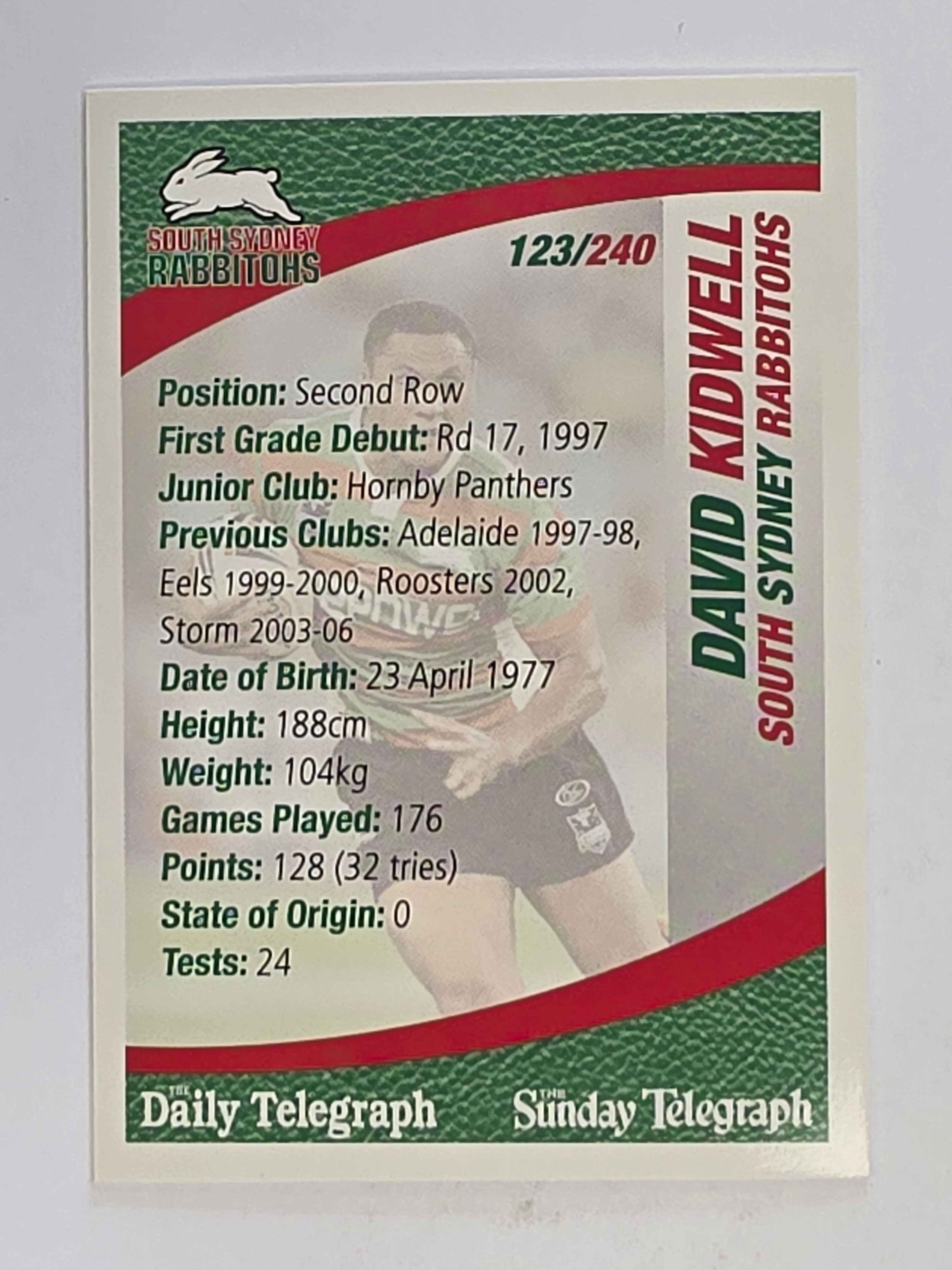 NRL 2008 Daily Telegraph | #123 | David Kidwell | South Sydney Rabbitohs