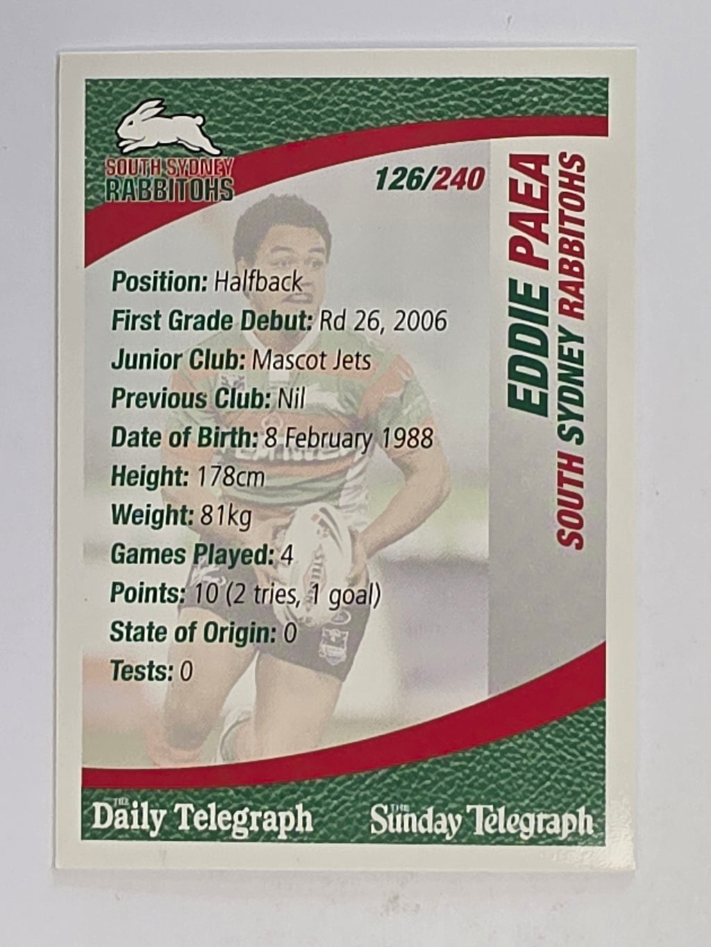 NRL 2008 Daily Telegraph | #126 | Eddie Paea | South Sydney Rabbitohs