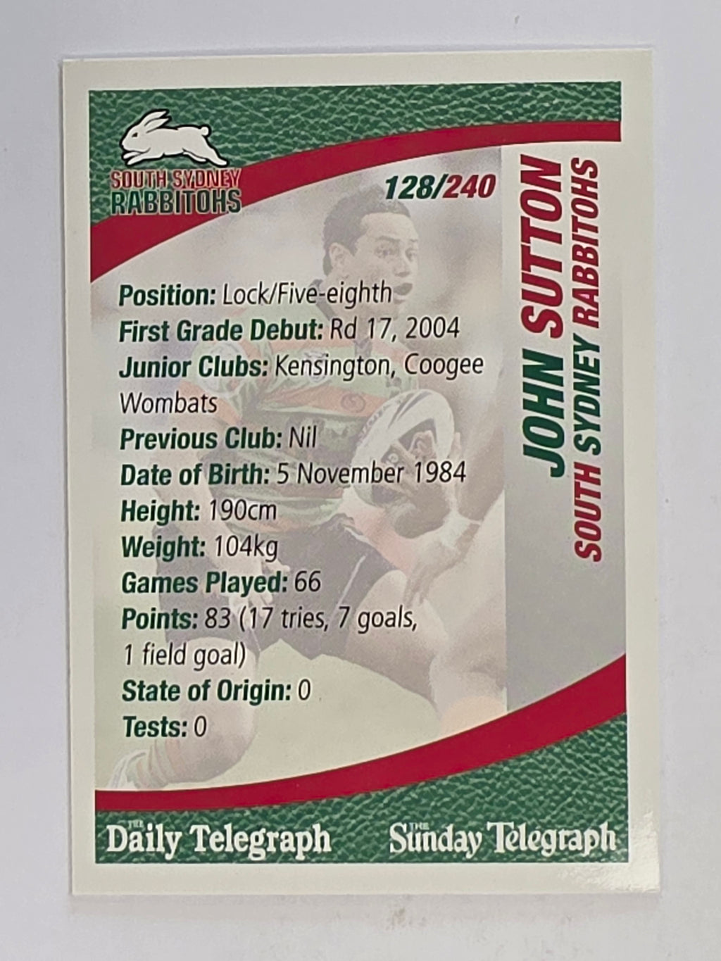 NRL 2008 Daily Telegraph | #128 | John Sutton | South Sydney Rabbitohs