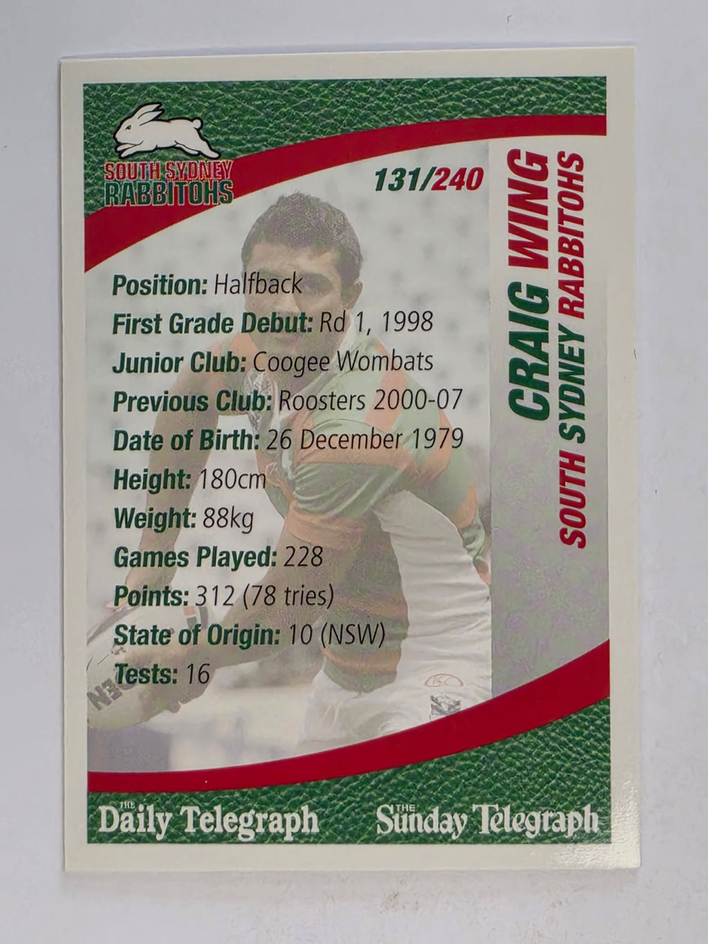 NRL 2008 Daily Telegraph | #131 | Craig Wing | South Sydney Rabbitohs