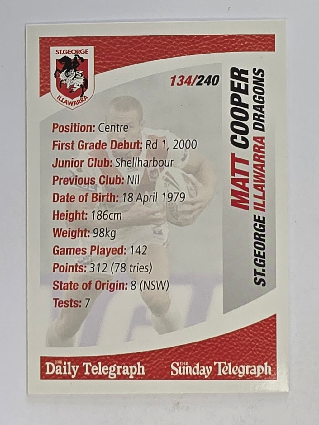 NRL 2008 Daily Telegraph | #134 | Matt Cooper | St George Illawarra Dragons