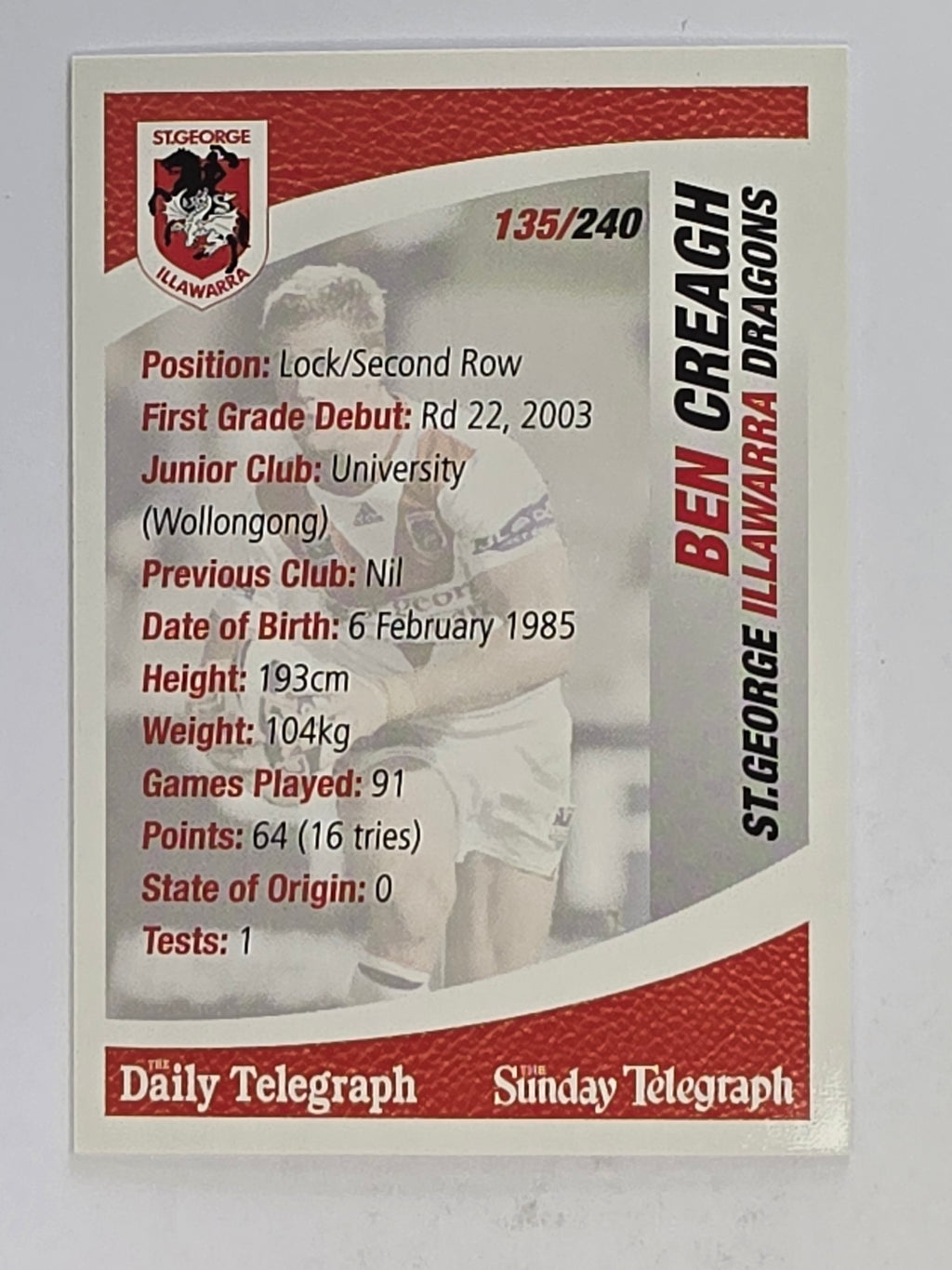NRL 2008 Daily Telegraph | #135 | Ben Creagh | St George Illawarra Dragons