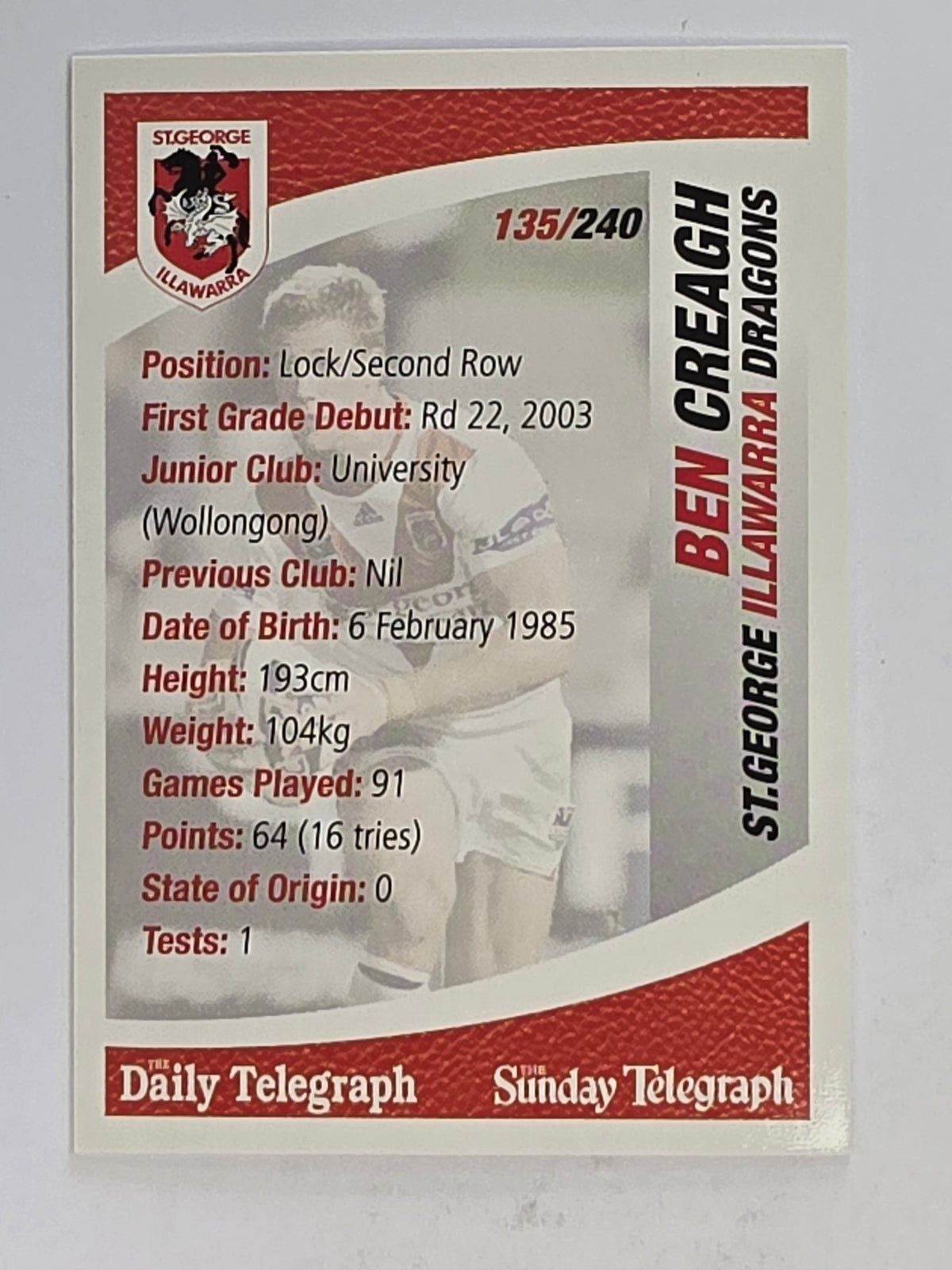 NRL 2008 Daily Telegraph | #135 | Ben Creagh | St George Illawarra Dragons