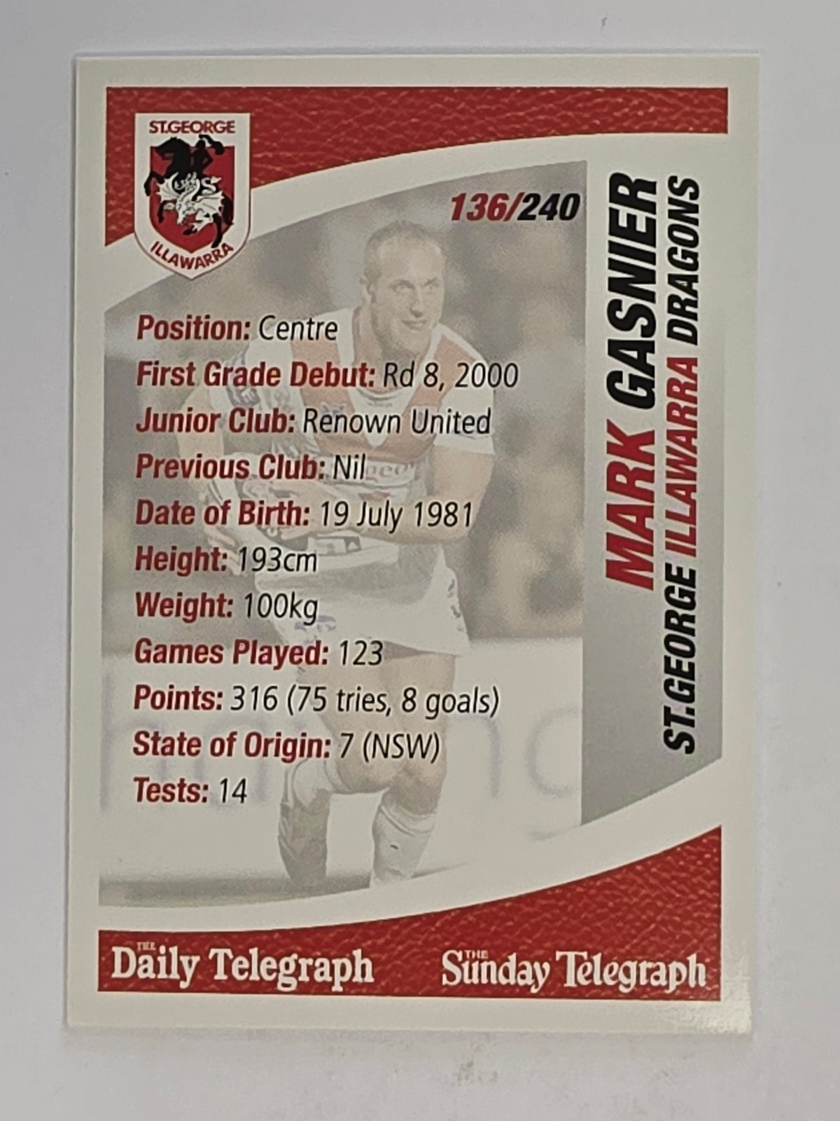 NRL 2008 Daily Telegraph | #136 | Mark Gasnier | St George Illawarra Dragons