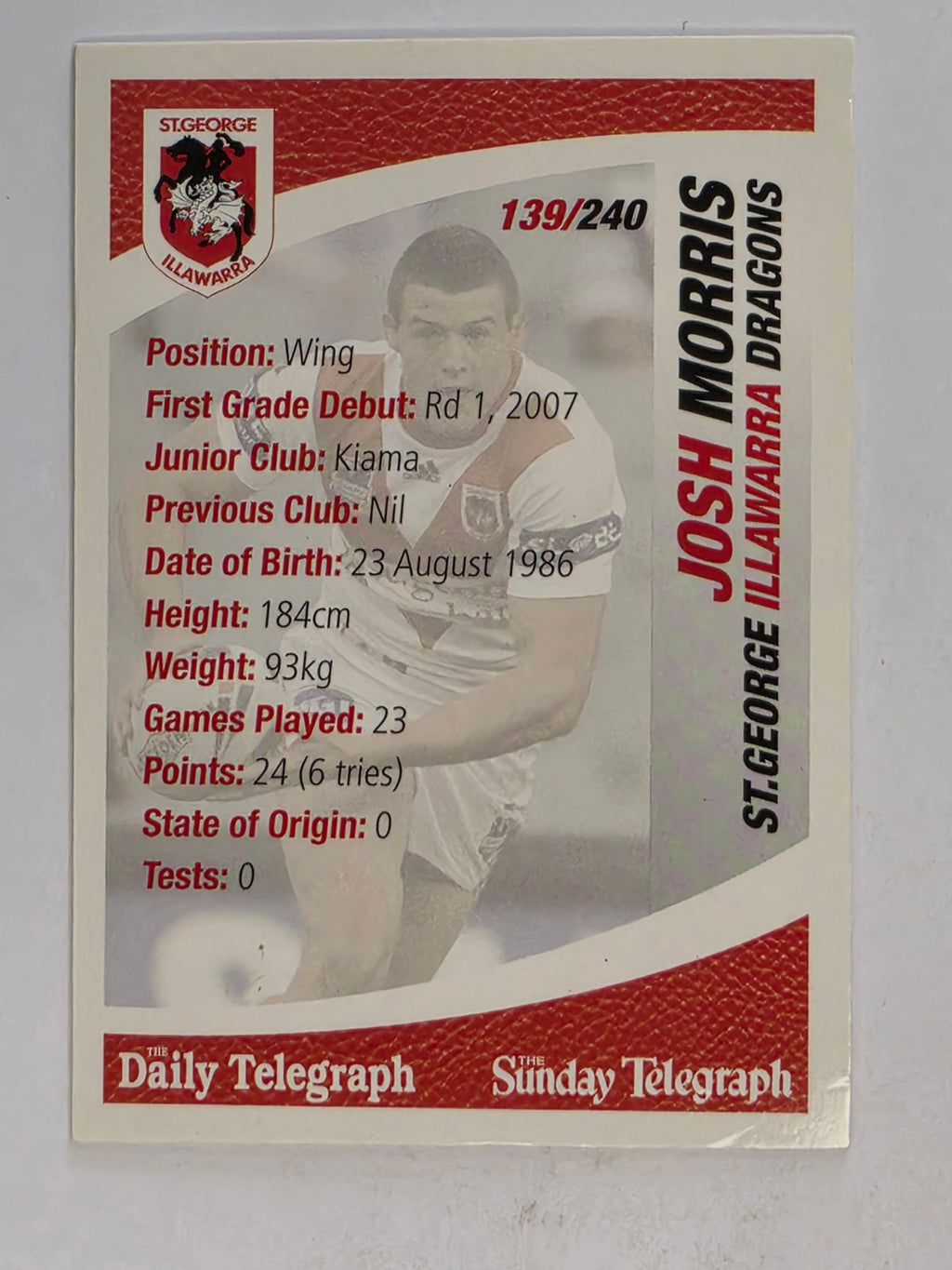 NRL 2008 Daily Telegraph | #139 | Josh Morris | St George Illawarra Dragons