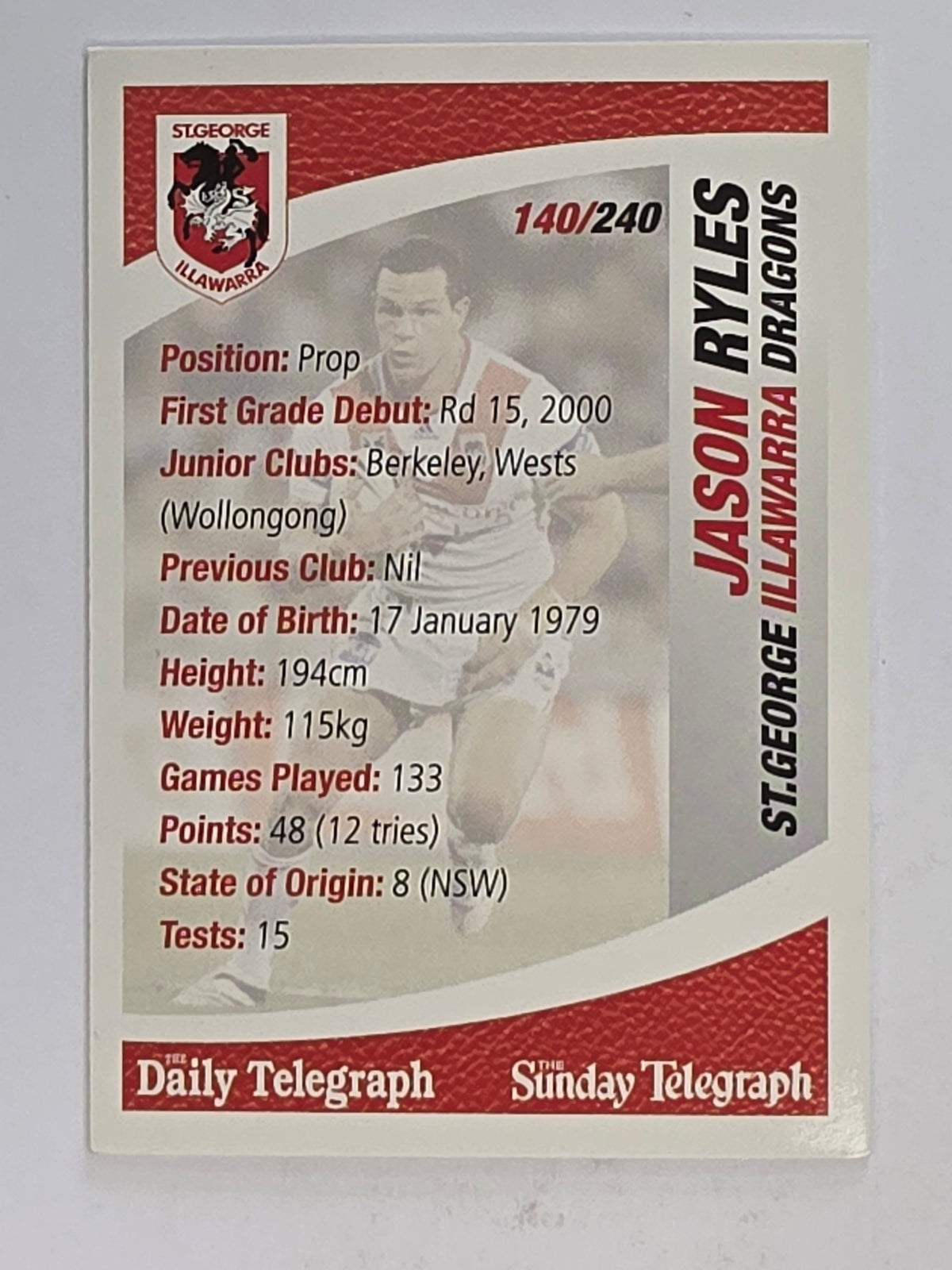 NRL 2008 Daily Telegraph | #140 | Jason Ryles | St George Illawarra Dragons