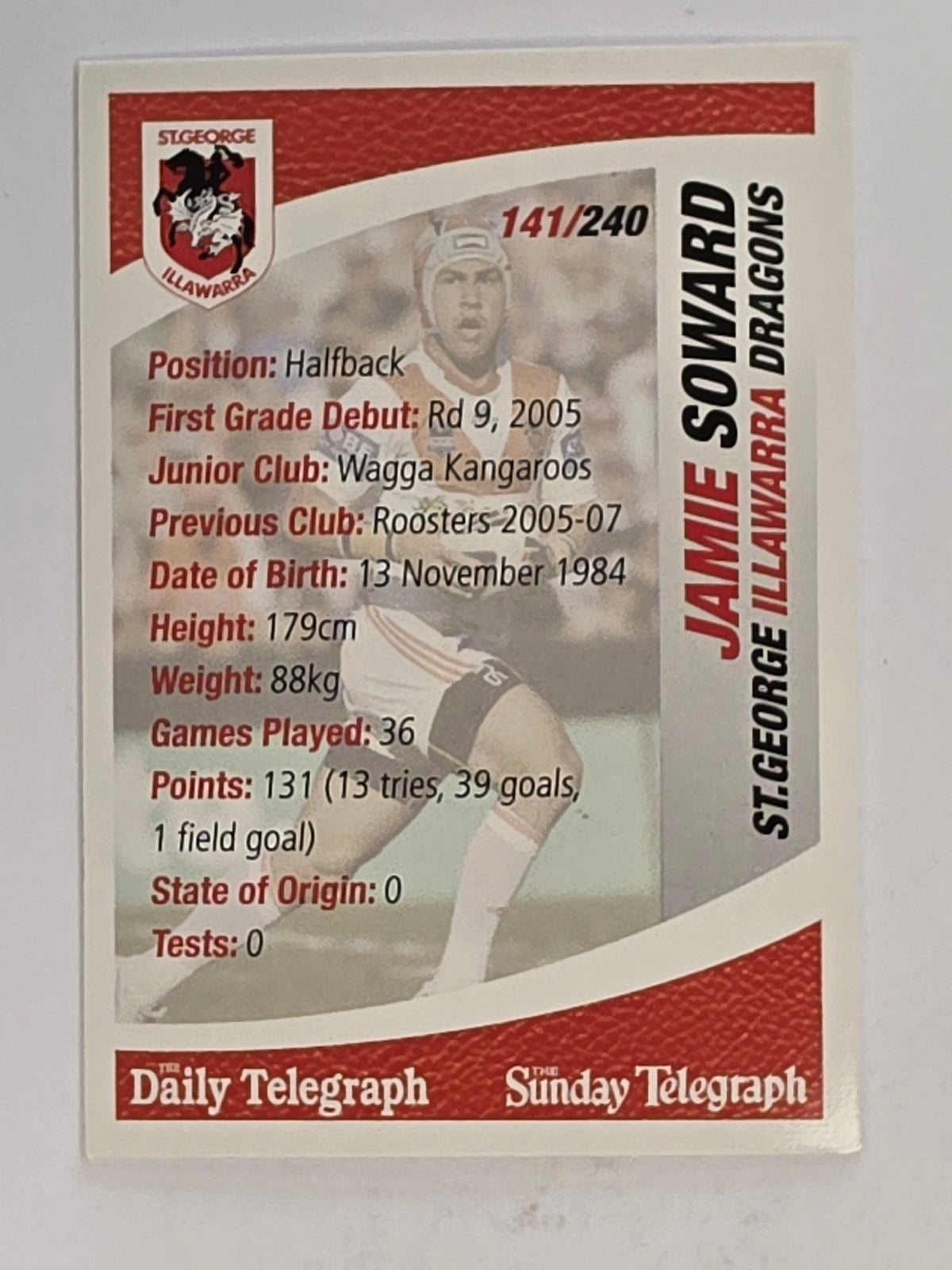 NRL 2008 Daily Telegraph | #141 | Jamie Soward | St George Illawarra Dragons