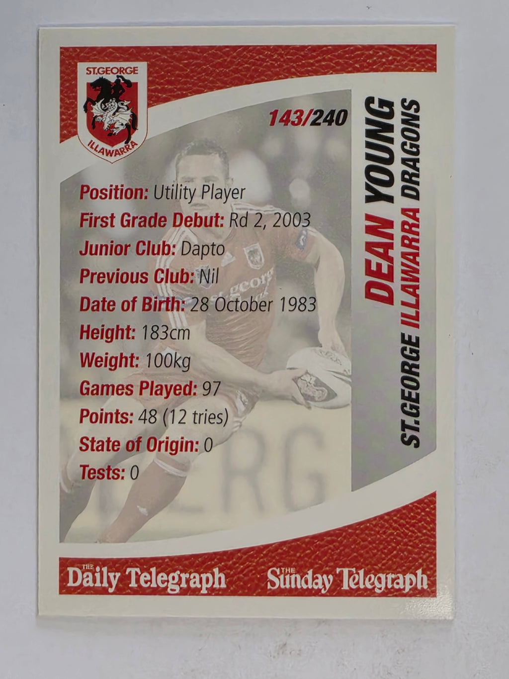 NRL 2008 Daily Telegraph | #143 | Dean Young | St George Illawarra Dragons