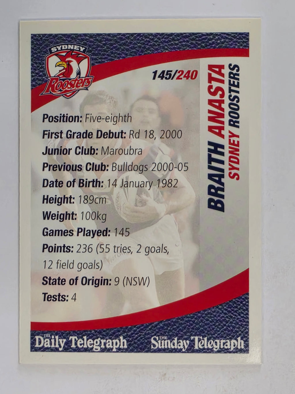 NRL 2008 Daily Telegraph | #145 | Braith Anasta | Sydney Roosters