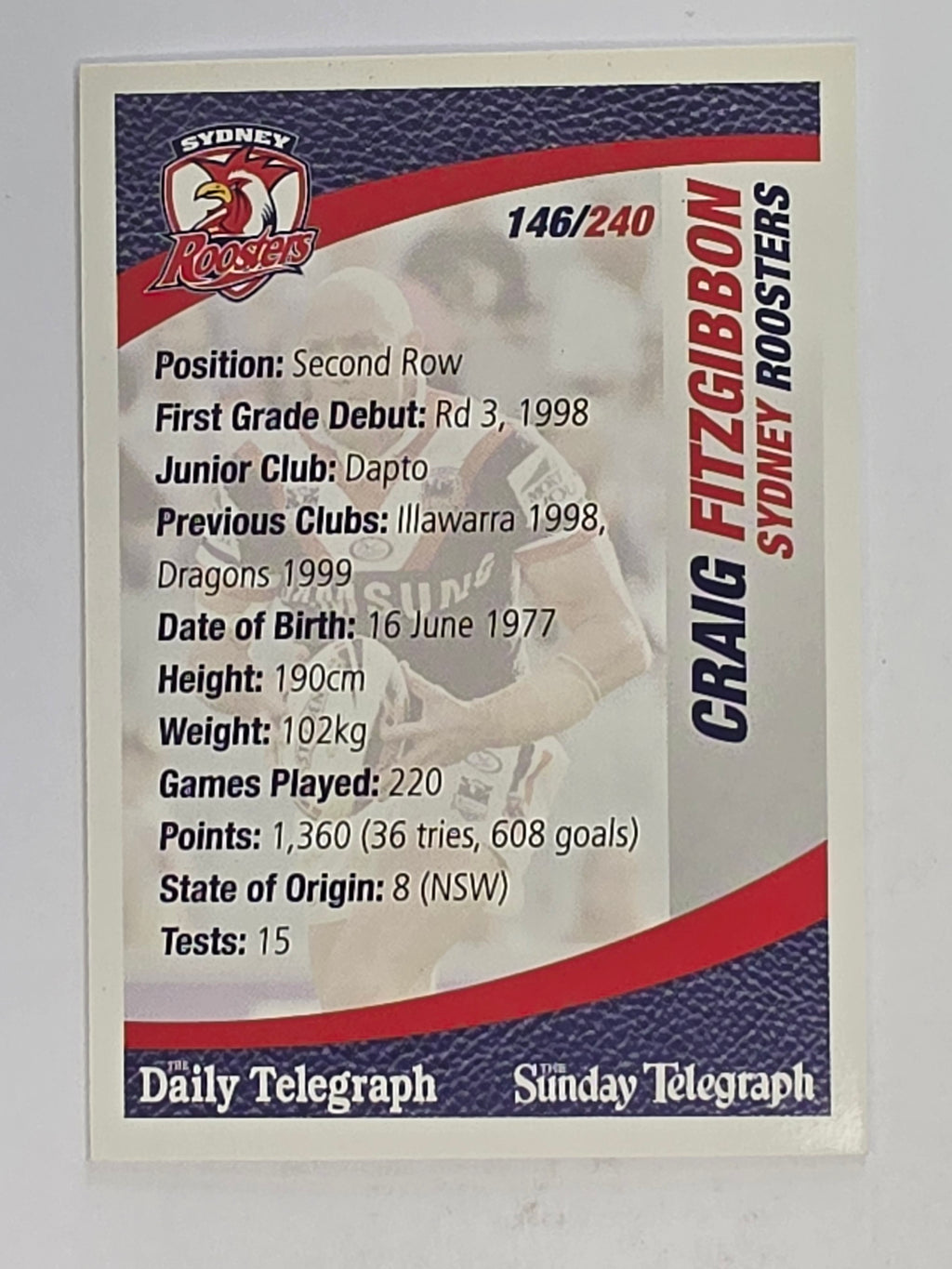 NRL 2008 Daily Telegraph | #146 | Craig Fitzgibbon | Sydney Roosters
