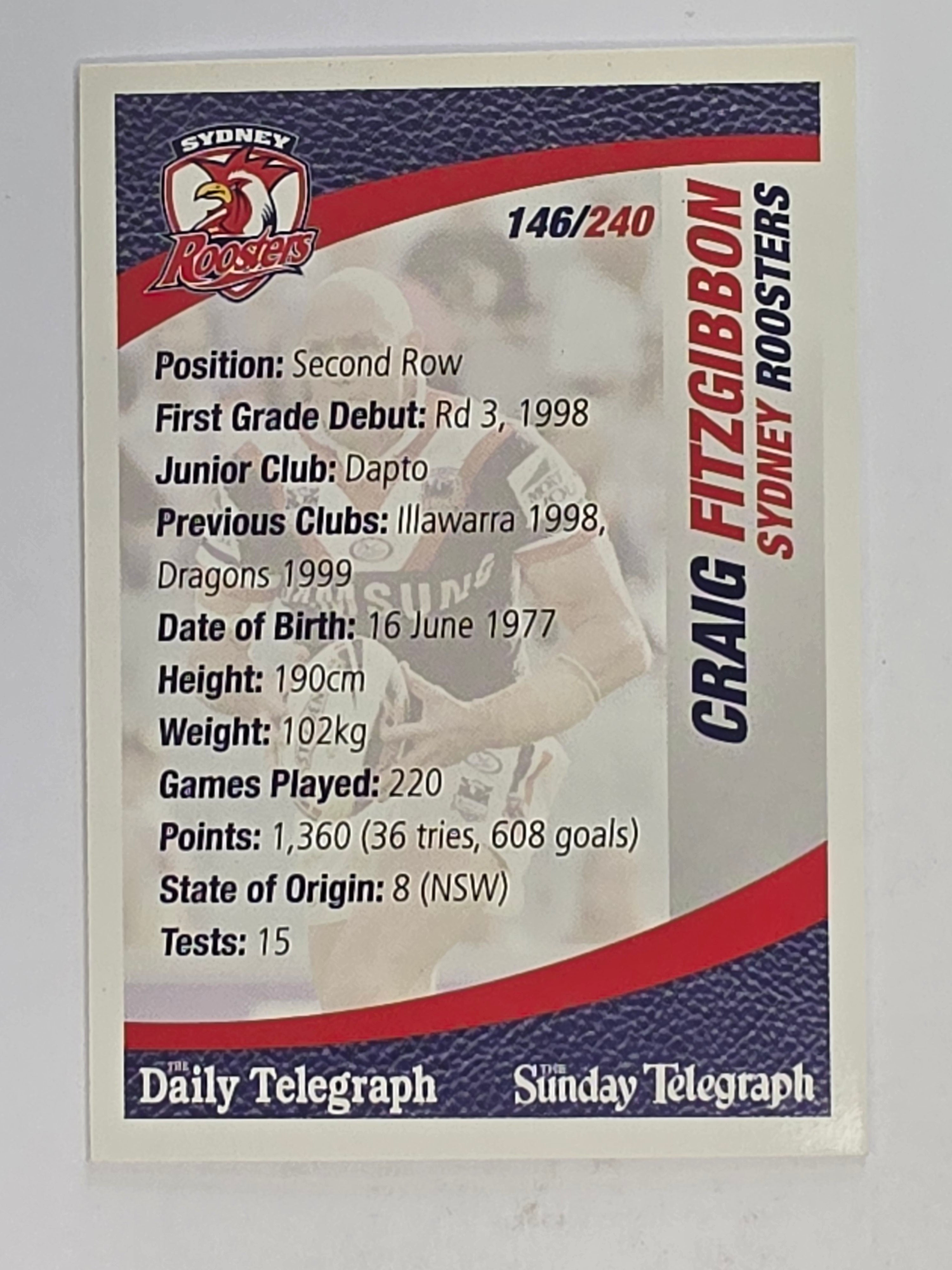 NRL 2008 Daily Telegraph | #146 | Craig Fitzgibbon | Sydney Roosters