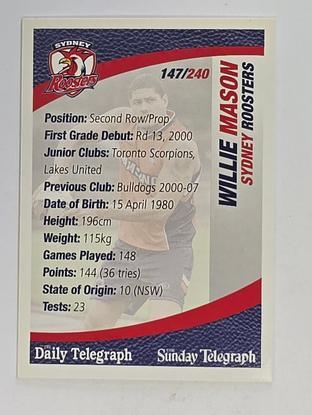NRL 2008 Daily Telegraph | #147 | Willie Mason | Sydney Roosters