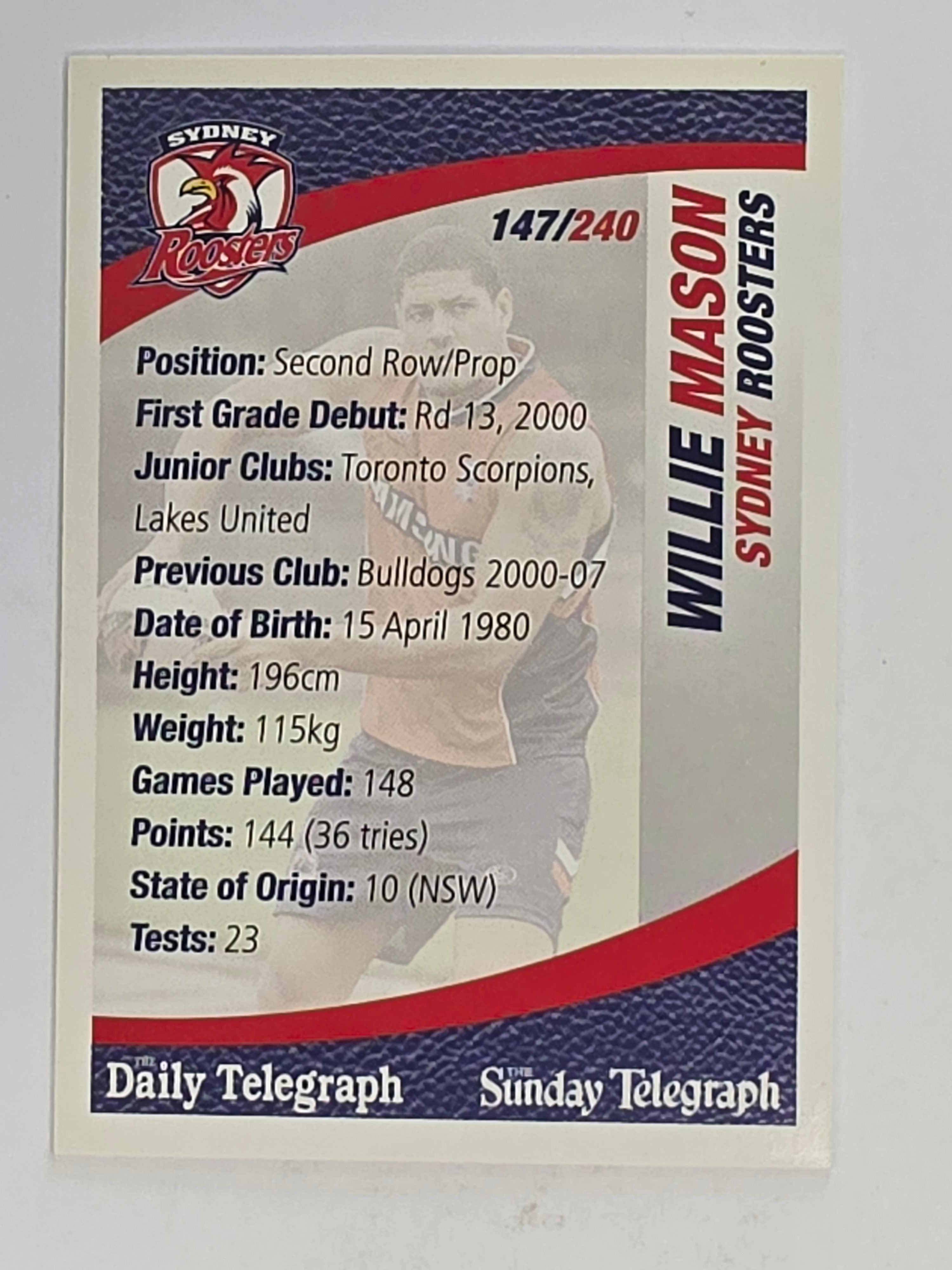 NRL 2008 Daily Telegraph | #147 | Willie Mason | Sydney Roosters