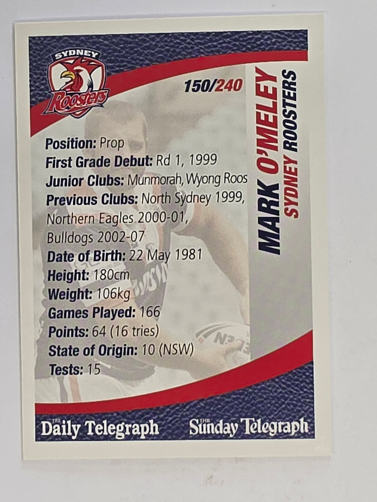 NRL 2008 Daily Telegraph | #150 | Mark O'Meley | Sydney Roosters