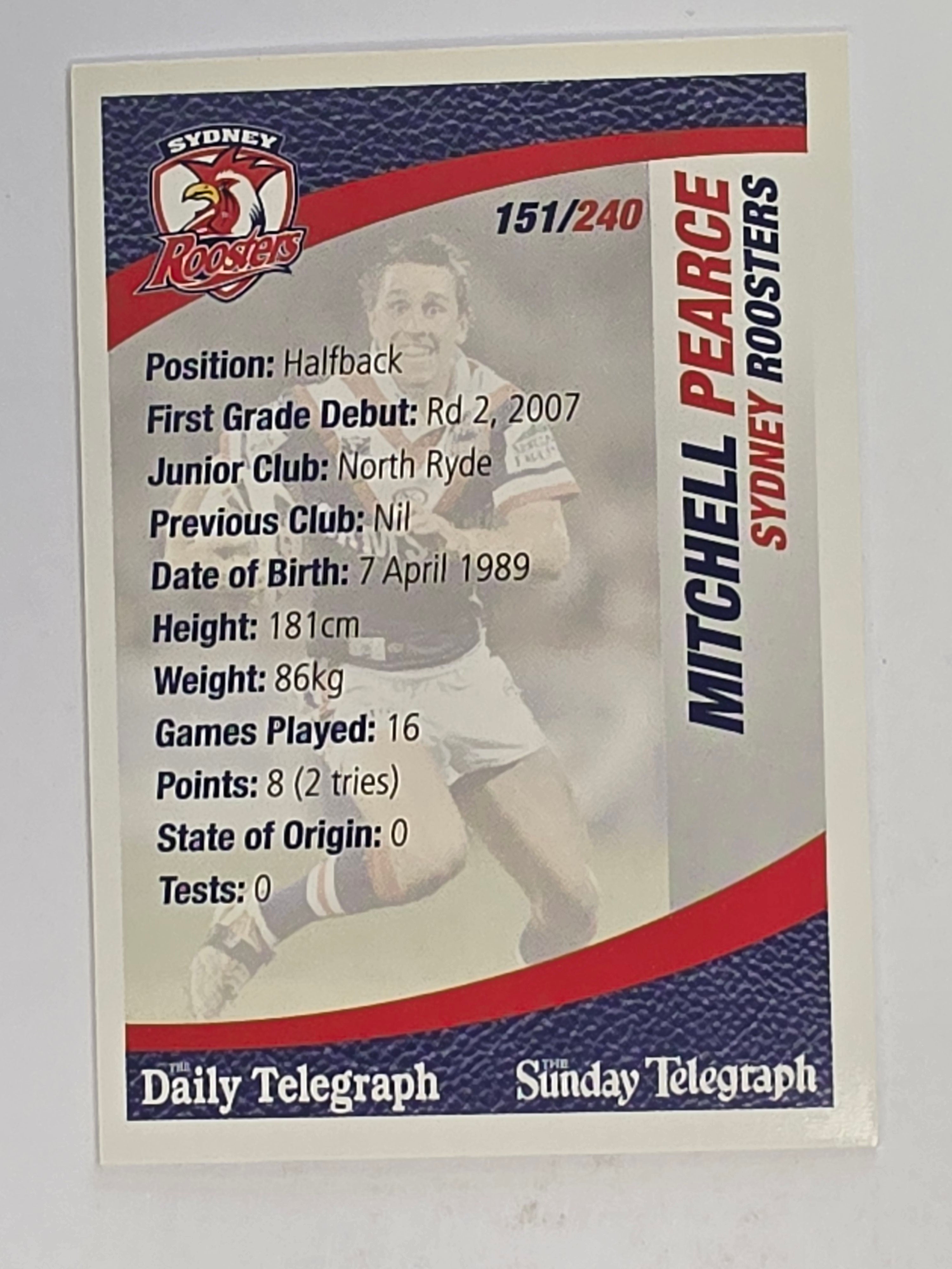 NRL 2008 Daily Telegraph | #151 | Mitchell Pearce | Sydney Roosters