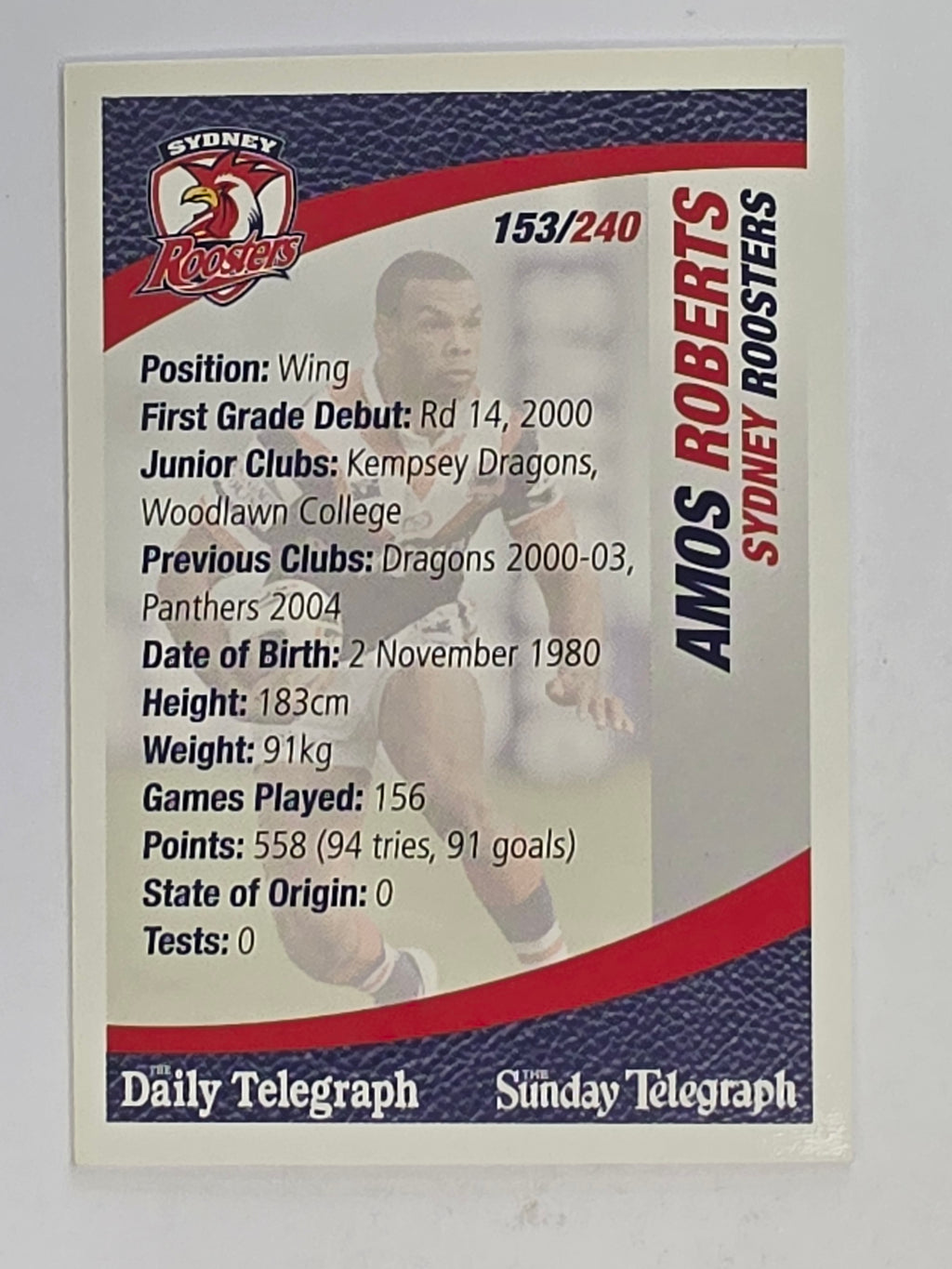NRL 2008 Daily Telegraph | #153 | Amos Roberts | Sydney Roosters