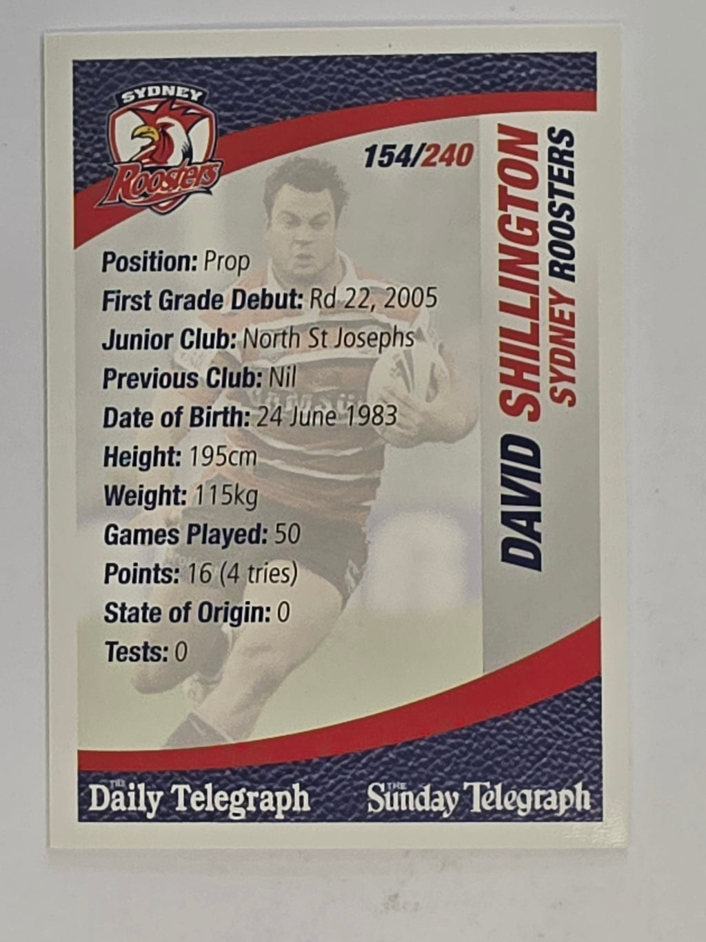 NRL 2008 Daily Telegraph | #154 | David Shillington | Sydney Roosters