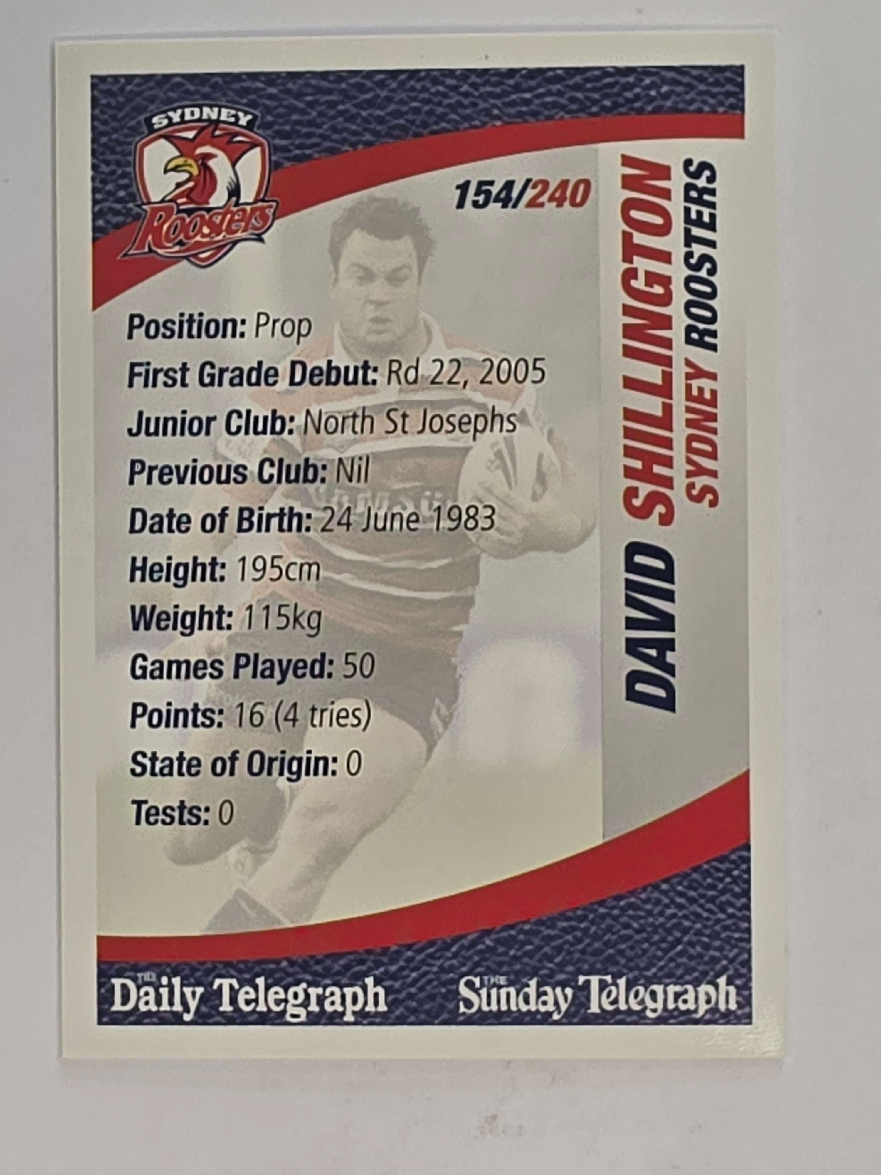 NRL 2008 Daily Telegraph | #154 | David Shillington | Sydney Roosters