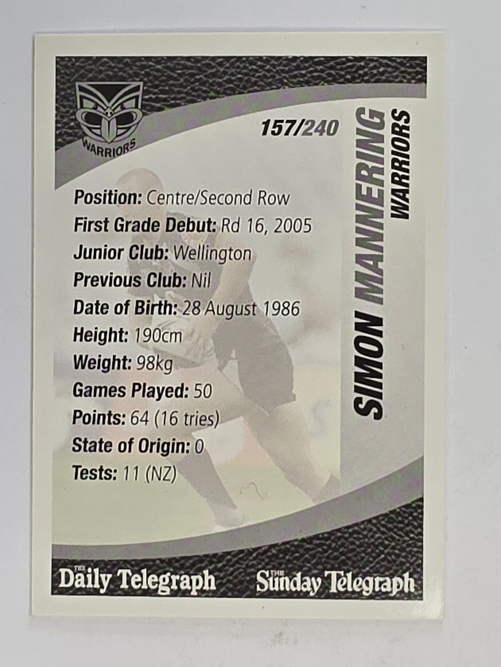 NRL 2008 Daily Telegraph | #157 | Simon Mannering | New Zealand Warriors