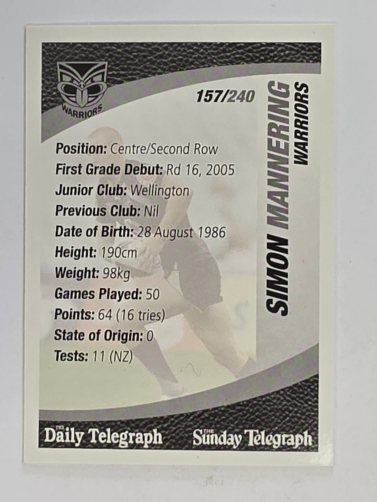 NRL 2008 Daily Telegraph | #157 | Simon Mannering | New Zealand Warriors