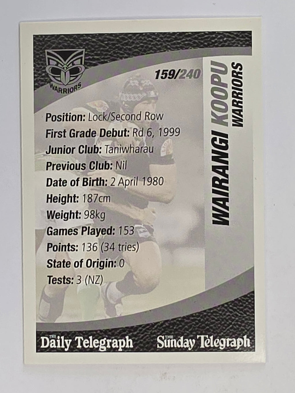 NRL 2008 Daily Telegraph | #159 | Wairangi Koopu | New Zealand Warriors