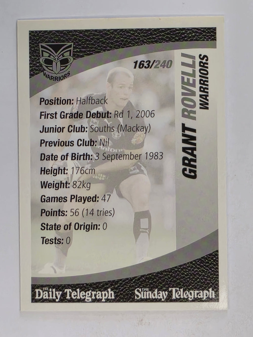 NRL 2008 Daily Telegraph | #163 | Grant Rovelli | New Zealand Warriors