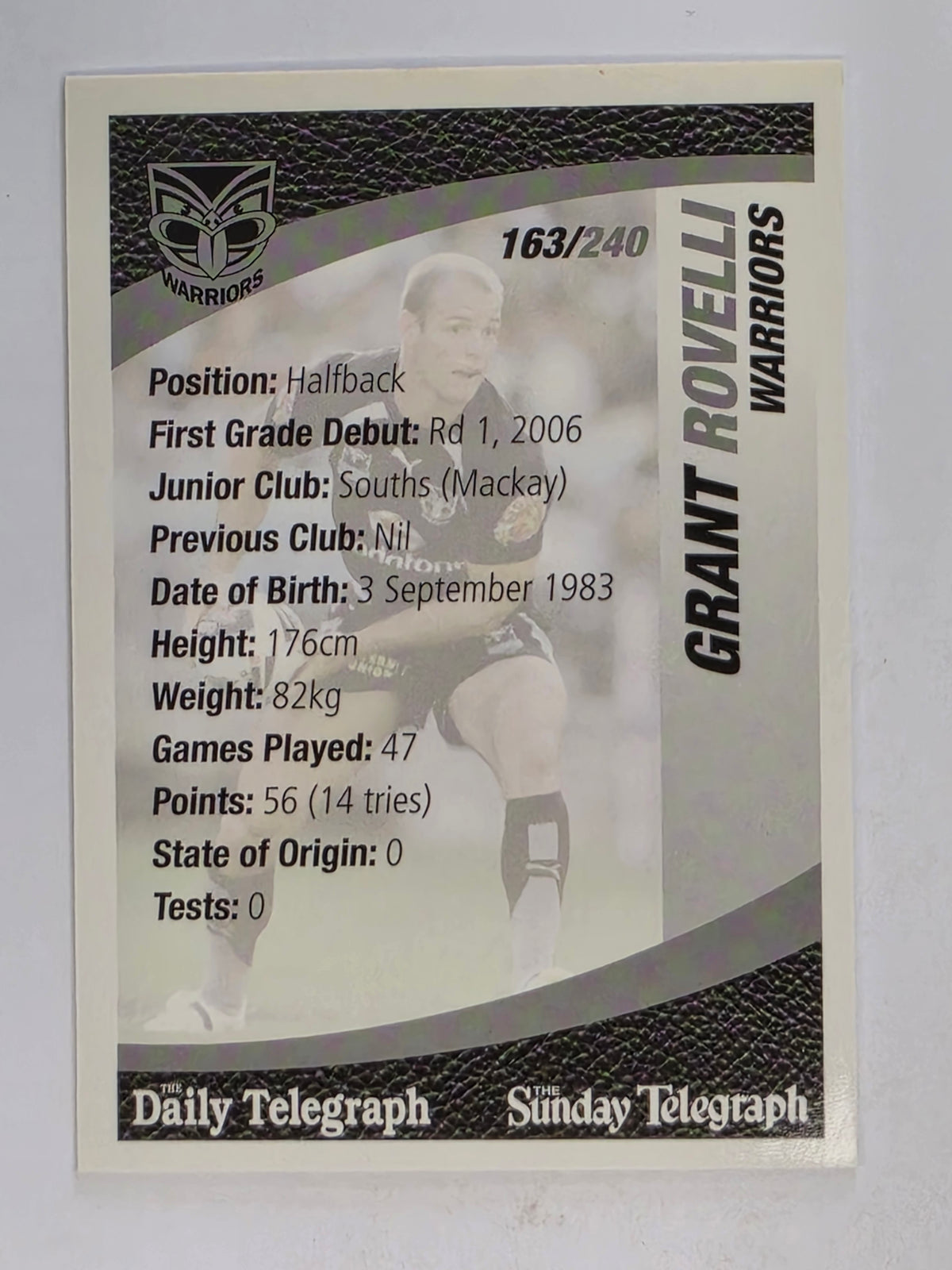 NRL 2008 Daily Telegraph | #163 | Grant Rovelli | New Zealand Warriors