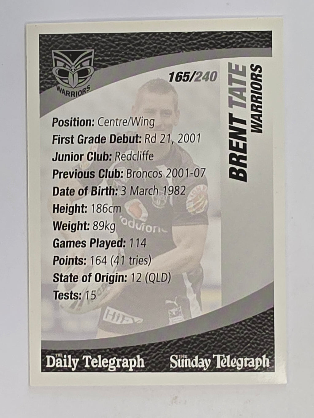 NRL 2008 Daily Telegraph | #165 | Brent Tate | New Zealand Warriors