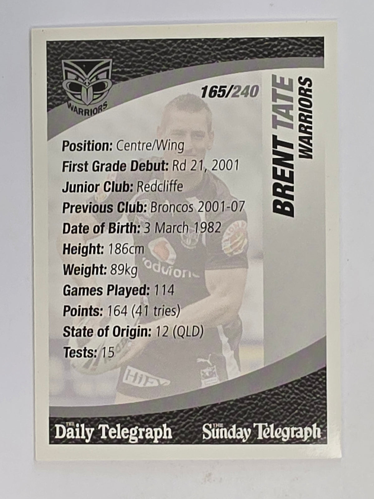 NRL 2008 Daily Telegraph | #165 | Brent Tate | New Zealand Warriors