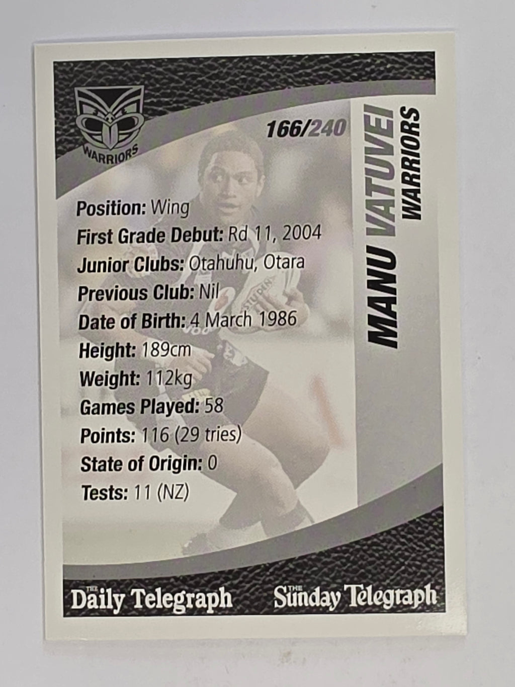 NRL 2008 Daily Telegraph | #166 | Manu Vatuvei | New Zealand Warriors