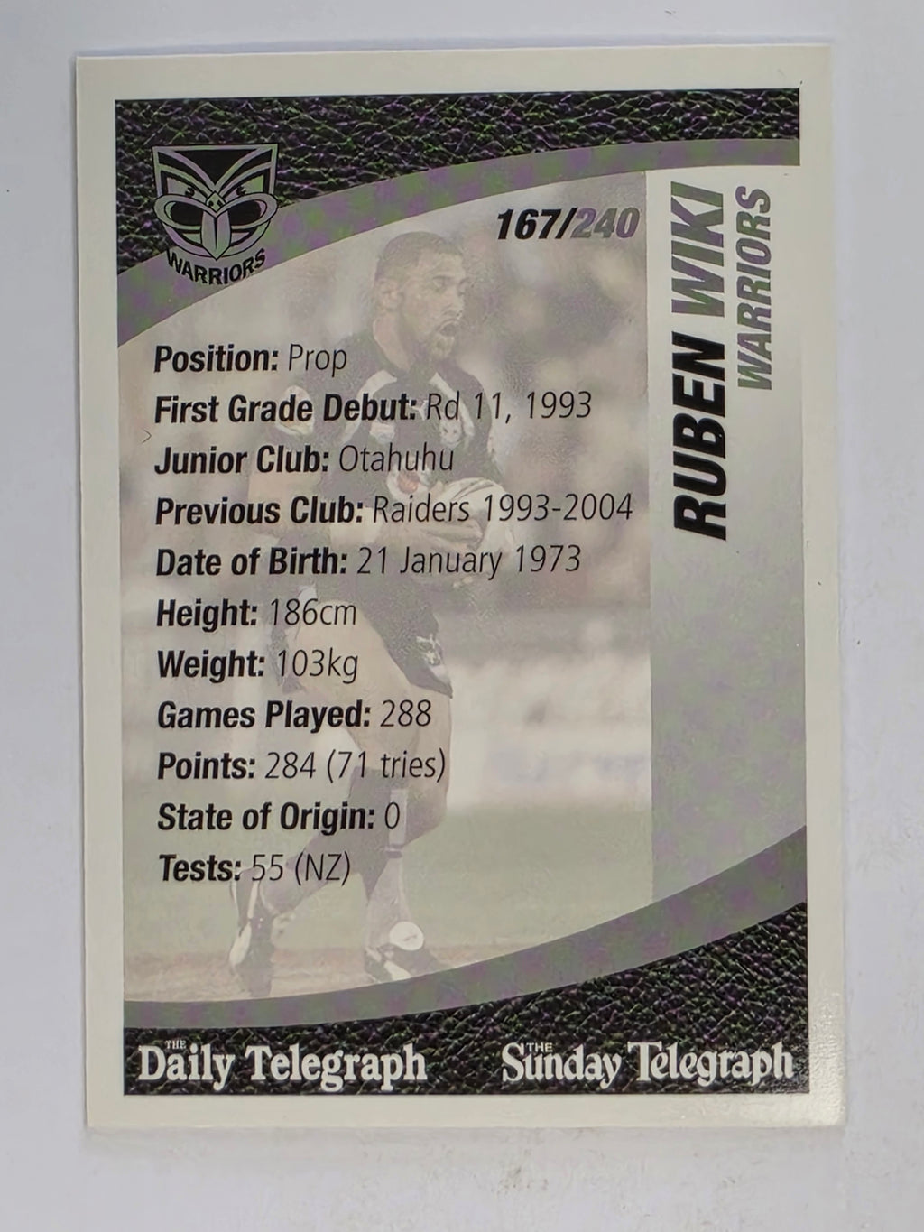 NRL 2008 Daily Telegraph | #167 | Ruben Wiki | New Zealand Warriors