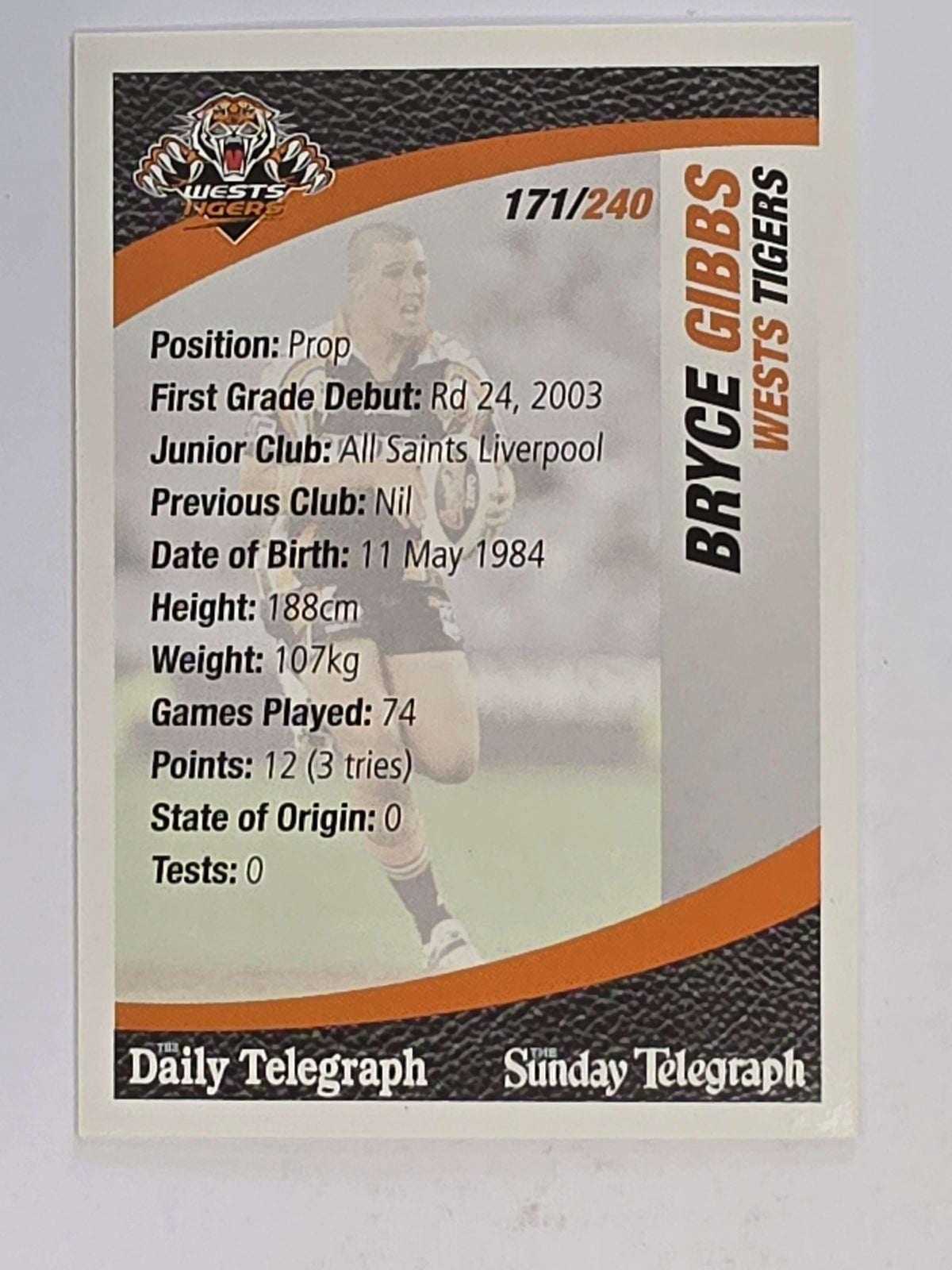 NRL 2008 Daily Telegraph | #171 | Bryce Gibbs | Wests Tigers