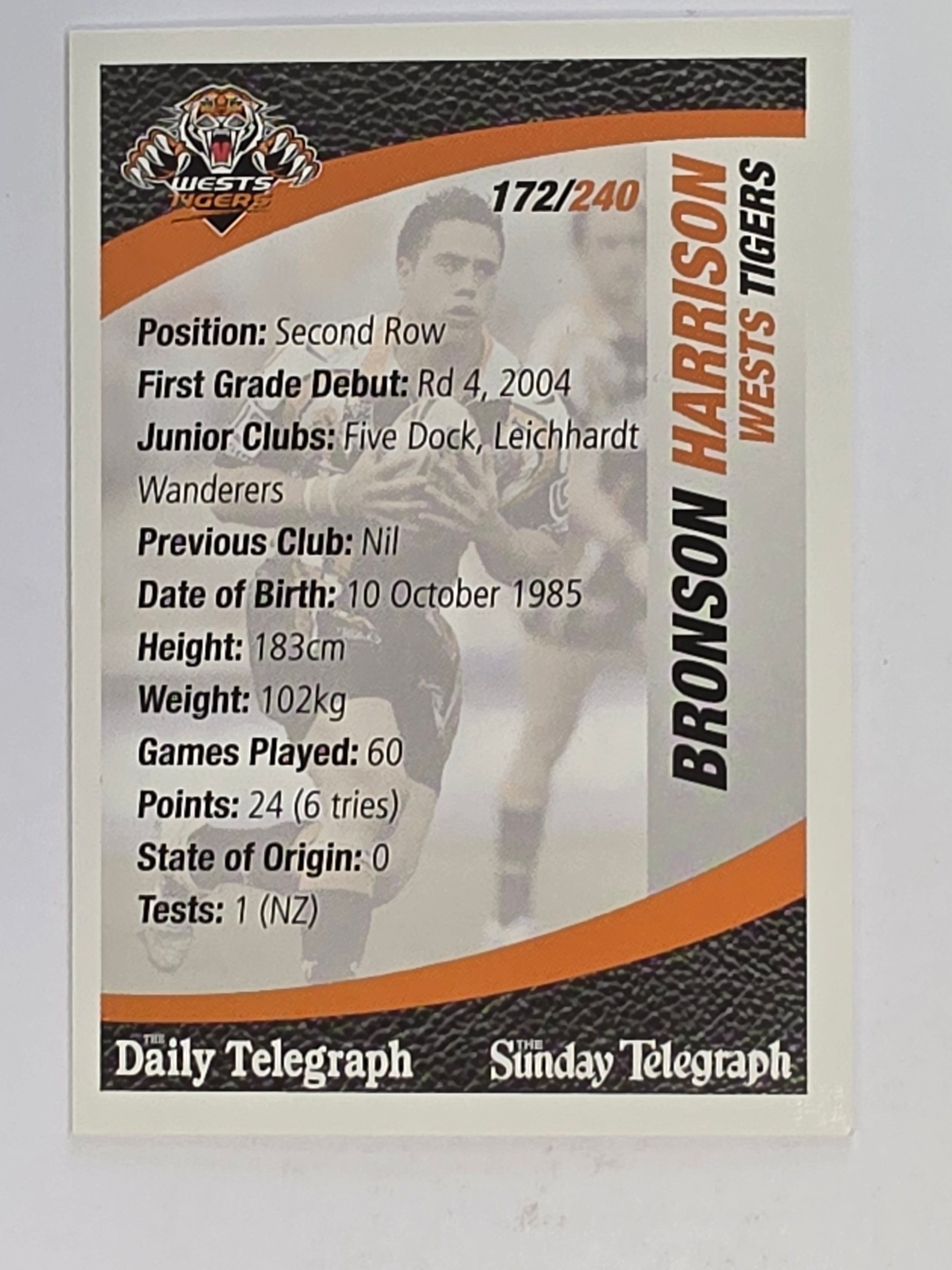 NRL 2008 Daily Telegraph | #172 | Bronson Harrison | Wests Tigers